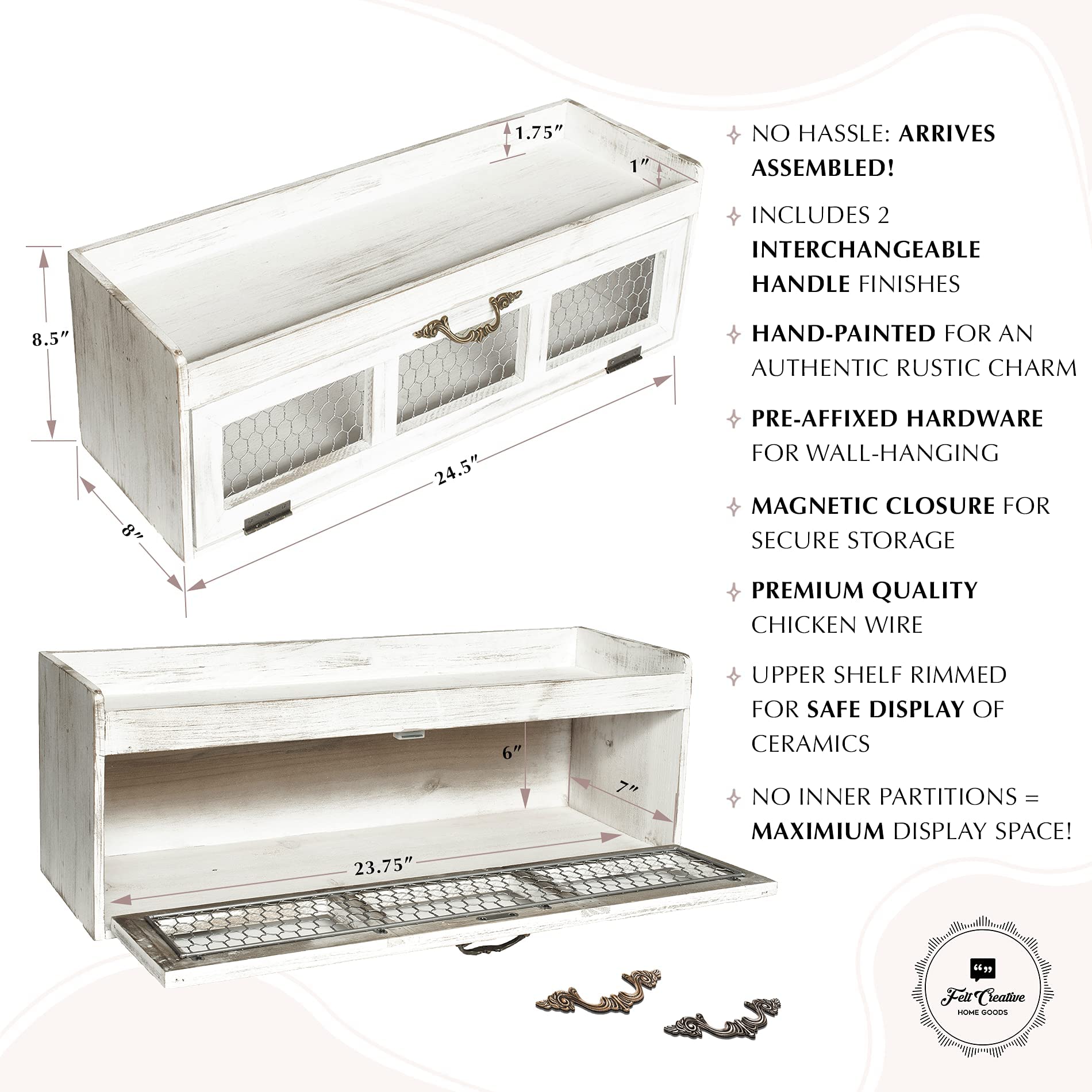 Farmhouse Chicken Wire Countertop Shelving Organizer - Rustic Kitchen Pantry Storage Cabinet with Felt Liner - Decorative Display for Country Kitchen Island - White | Perfect for Organizing Spices, Cookbooks, and Kitchen Essentials