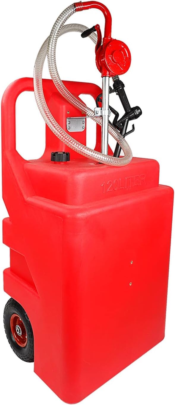 EASYBERG 32 Gallon (120 Liter) Heavy-Duty Portable Fuel Tank with Rotary Manual Pump - 6.5-Foot Hose, 20L/min Flow Rate, Sturdy Wheels & Top Handle - Ideal for Construction, Farming, Marine & Emergency Fuel Storage
