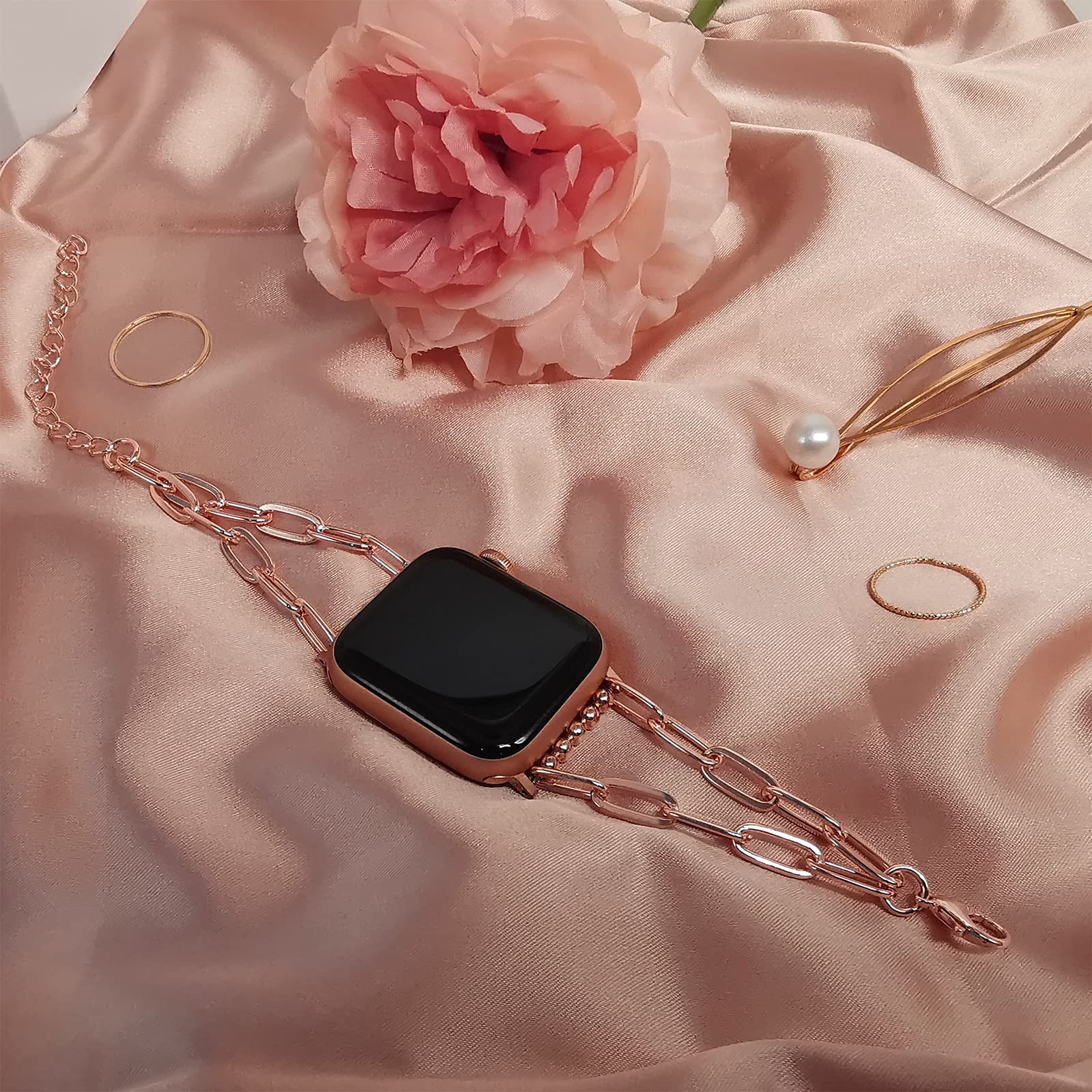 MORWLAT Slim Metal Bracelet Compatible with Apple Watch 42mm 44mm 45mm - Rose Gold Jewelry Band for Women, Series 7/SE/6/5/4/3/2/1 - Perfect for Work, Parties & Everyday Wear