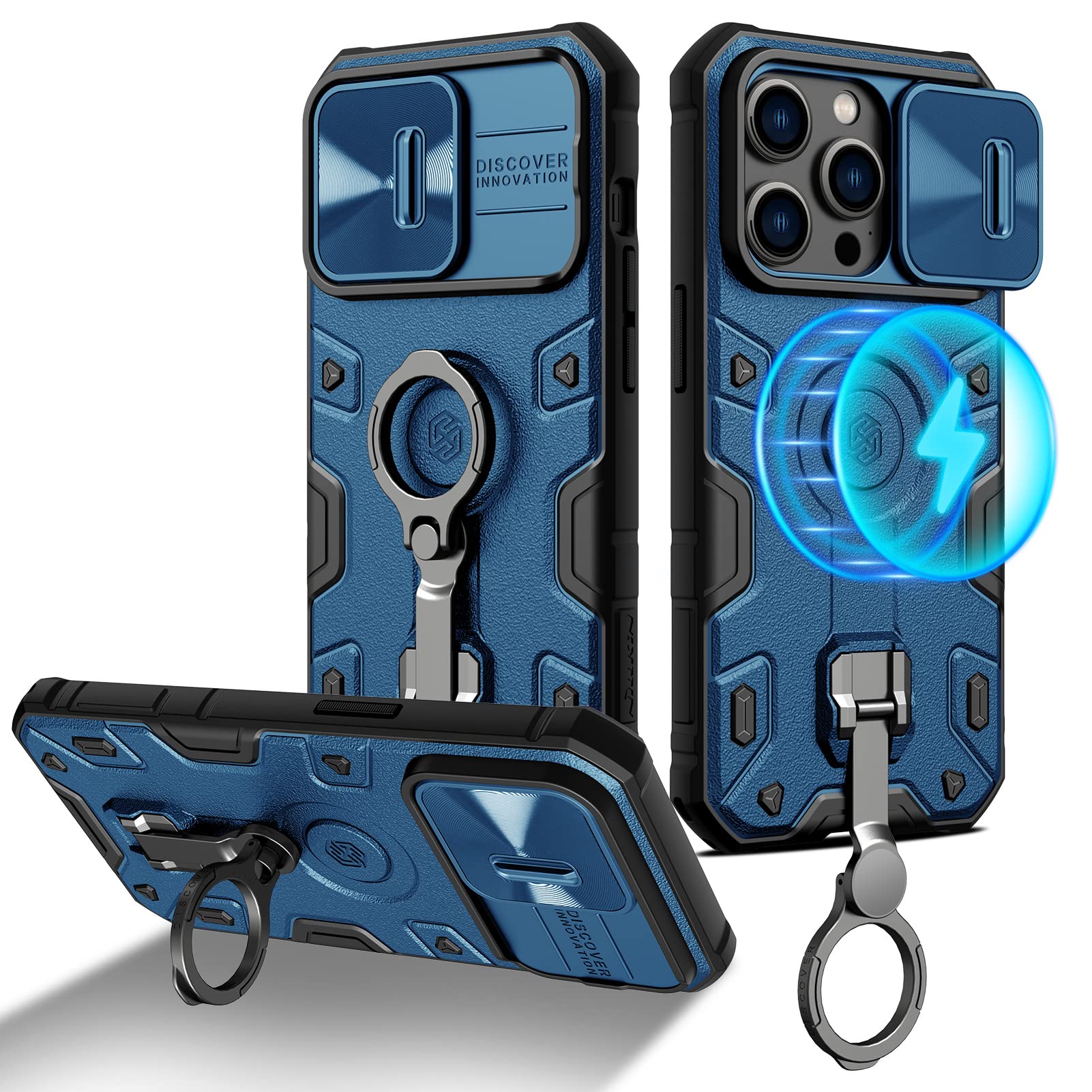 Nillkin Shockproof iPhone 14 Pro Max Case with Stand & Slide Camera Cover - Military Grade Protection, MagSafe Compatible for Wireless Charging & Magnetic Car Mount - Perfect for Travel, Work & Outdoor Activities (Blue)