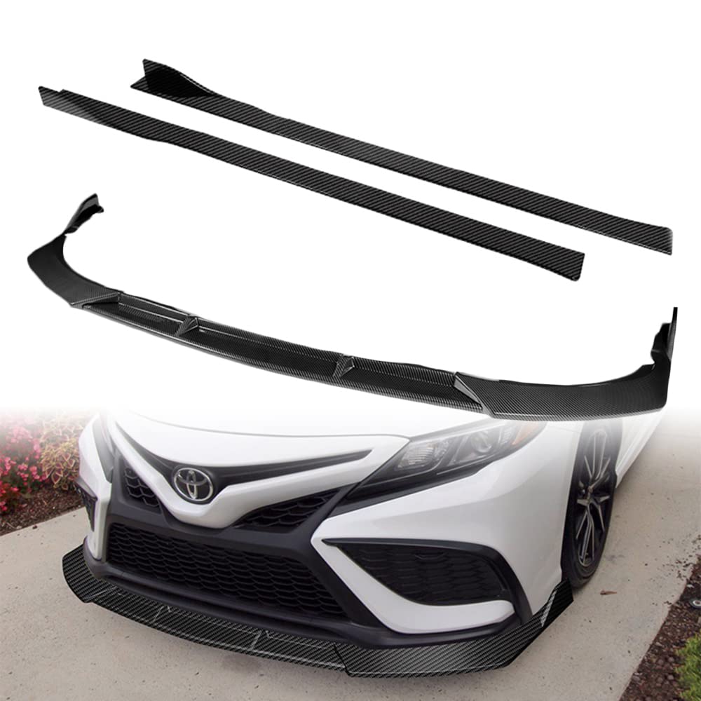 Q1-TECH 9-Piece Front Bumper Body Kit with Lip & Side Skirt Extensions for 2021-2023 Toyota Camry SE/XSE | ABS Front Spoiler & Carbon Fiber Diffuser Set | Perfect for Car Customization & Street Racing Style