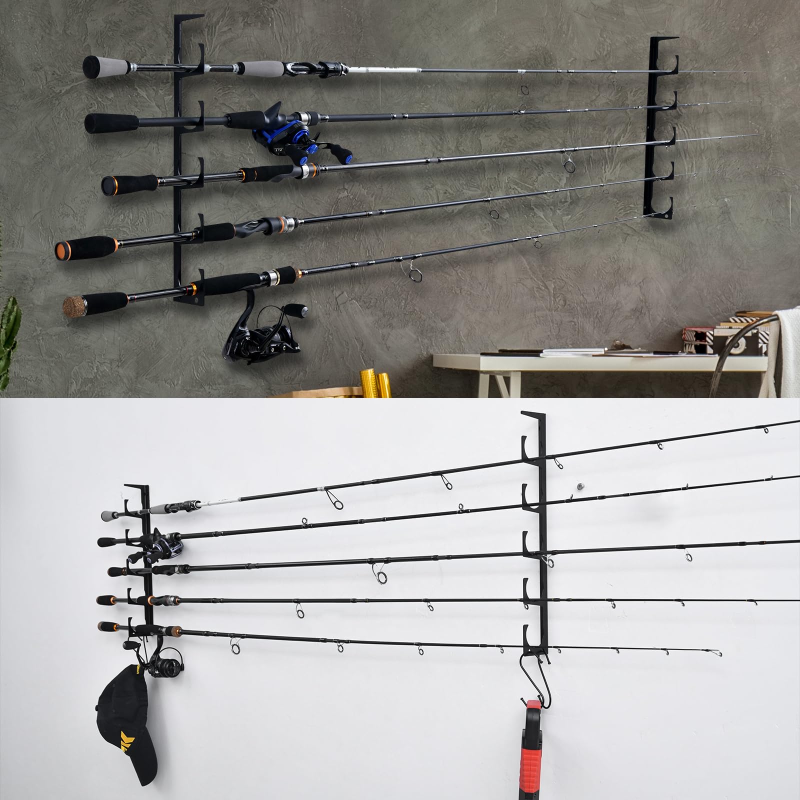 Goture Wall or Ceiling Fishing Rod Holder - 5 Rod Storage with 4 S-Shaped Hooks, Horizontal Pole Organizer for Garage, Boat & Home (Black) - Perfect for Anglers & Fishing Enthusiasts