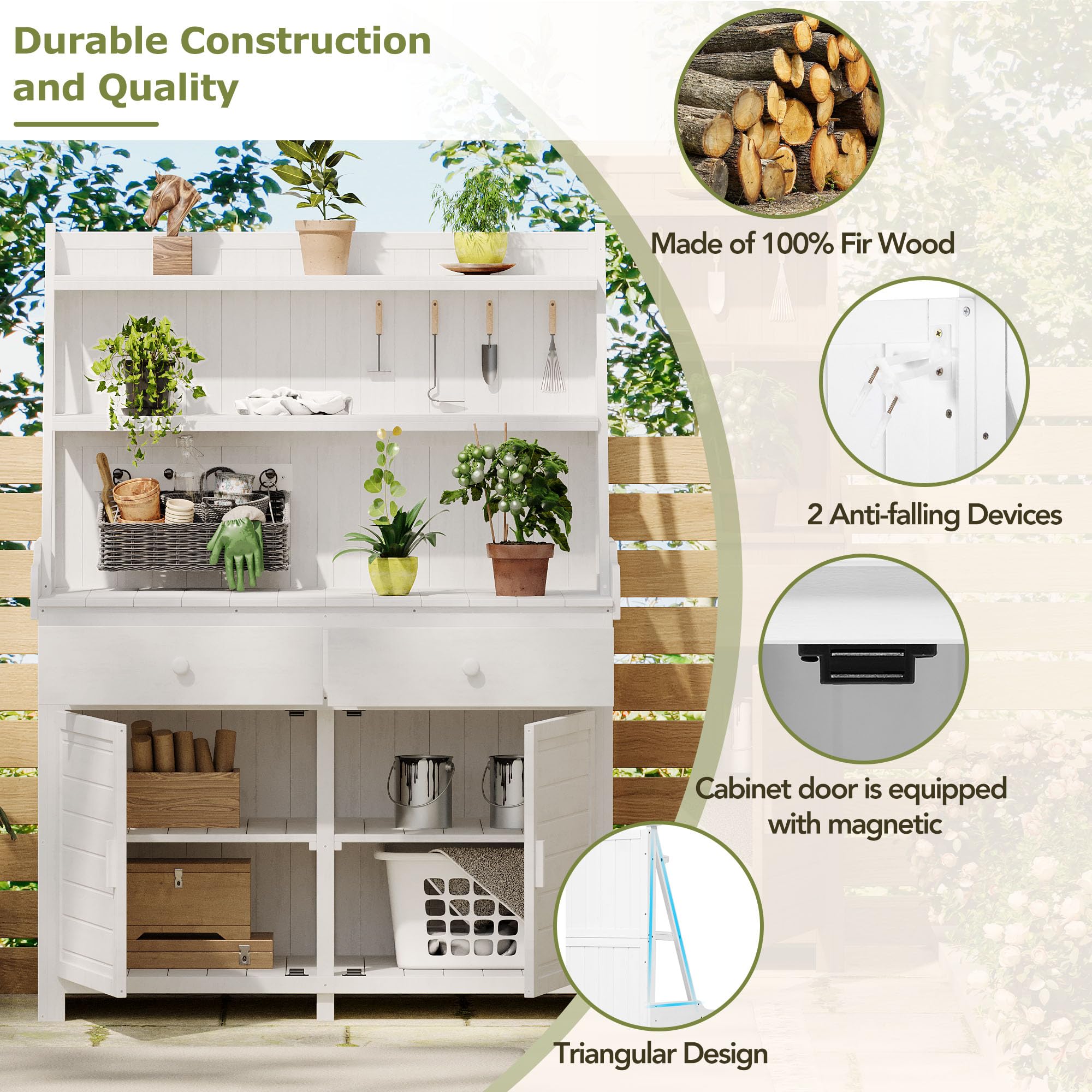 P PURLOVE Fir Wood Garden Potting Bench with Storage Shelf, Drawer & Cabinet - Durable Outdoor Work Table for Gardening, Backyard & Patio - Perfect for Planting, Potting & Organizing Tools