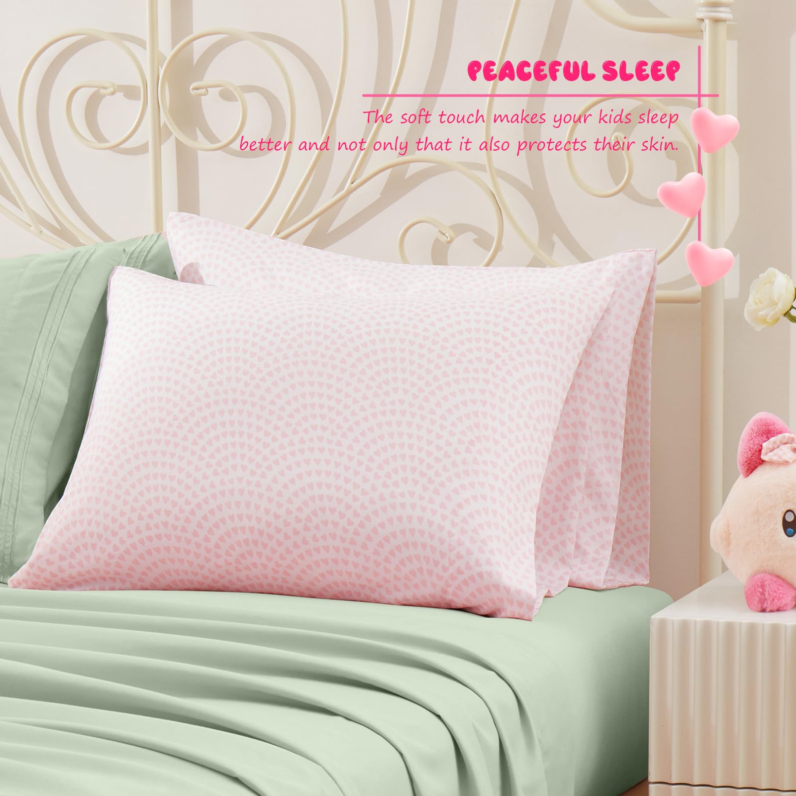 Vonty Pink Heart Printed Microfiber Kids Pillowcase Set (2 Pack) - Soft & Breathable Standard 20x26 Pillow Covers for Girls, Perfect for Bedroom Decor, Sleepovers, and Travel