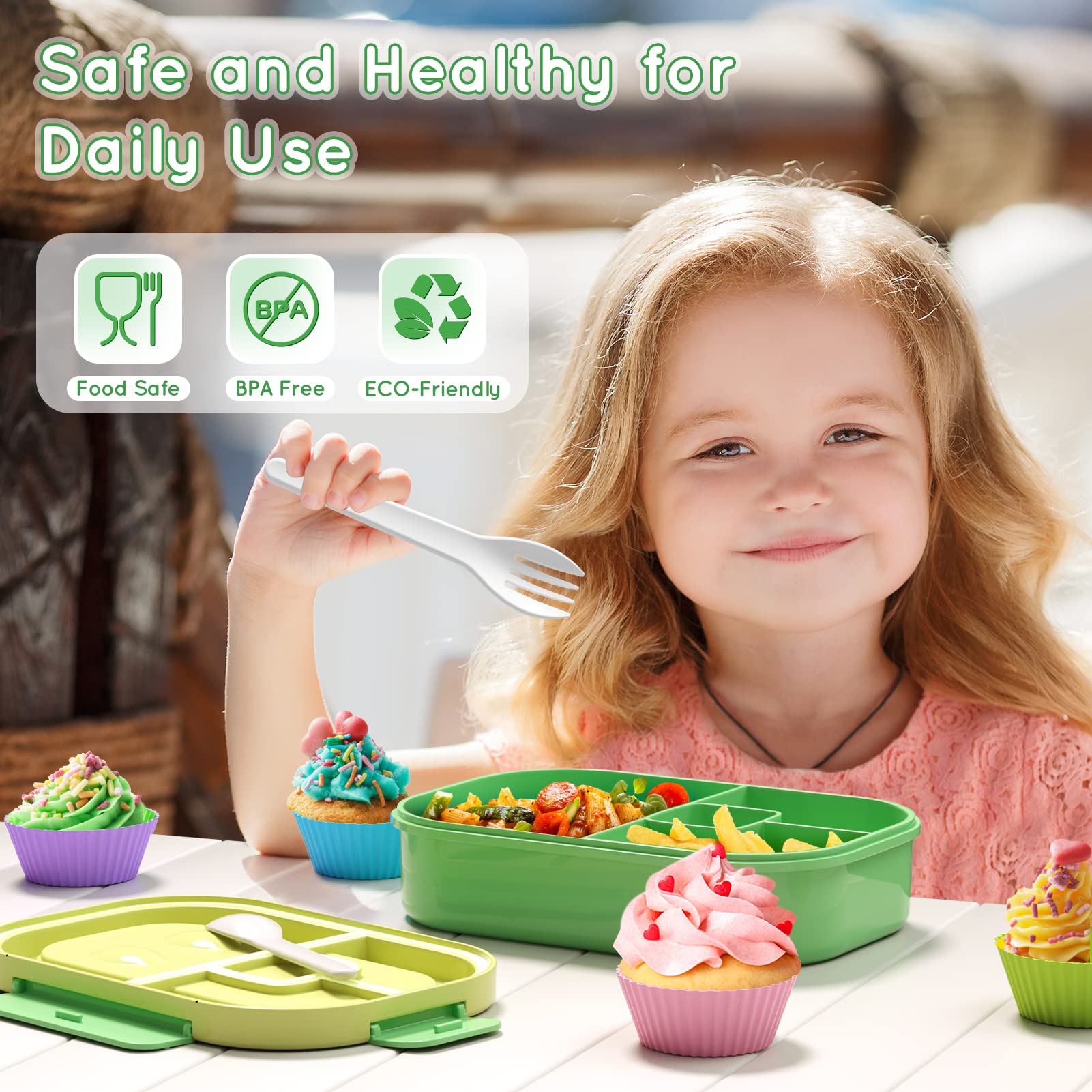 Leakproof 44oz Bento Lunch Box for Kids - 4 Compartment BPA-Free Reusable Food Container with Cutlery - Perfect for School Meals, Snacks, Picnics & Travel (Green)