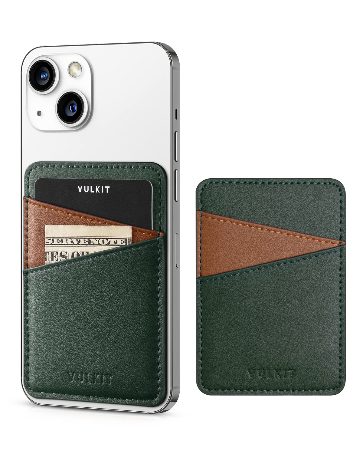 VULKIT RFID Blocking Leather Phone Wallet - Adhesive Card Holder for iPhone & Smartphones, Stick-On Credit Card Sleeve (Green) | Perfect for Travel, Shopping & Contactless Payments