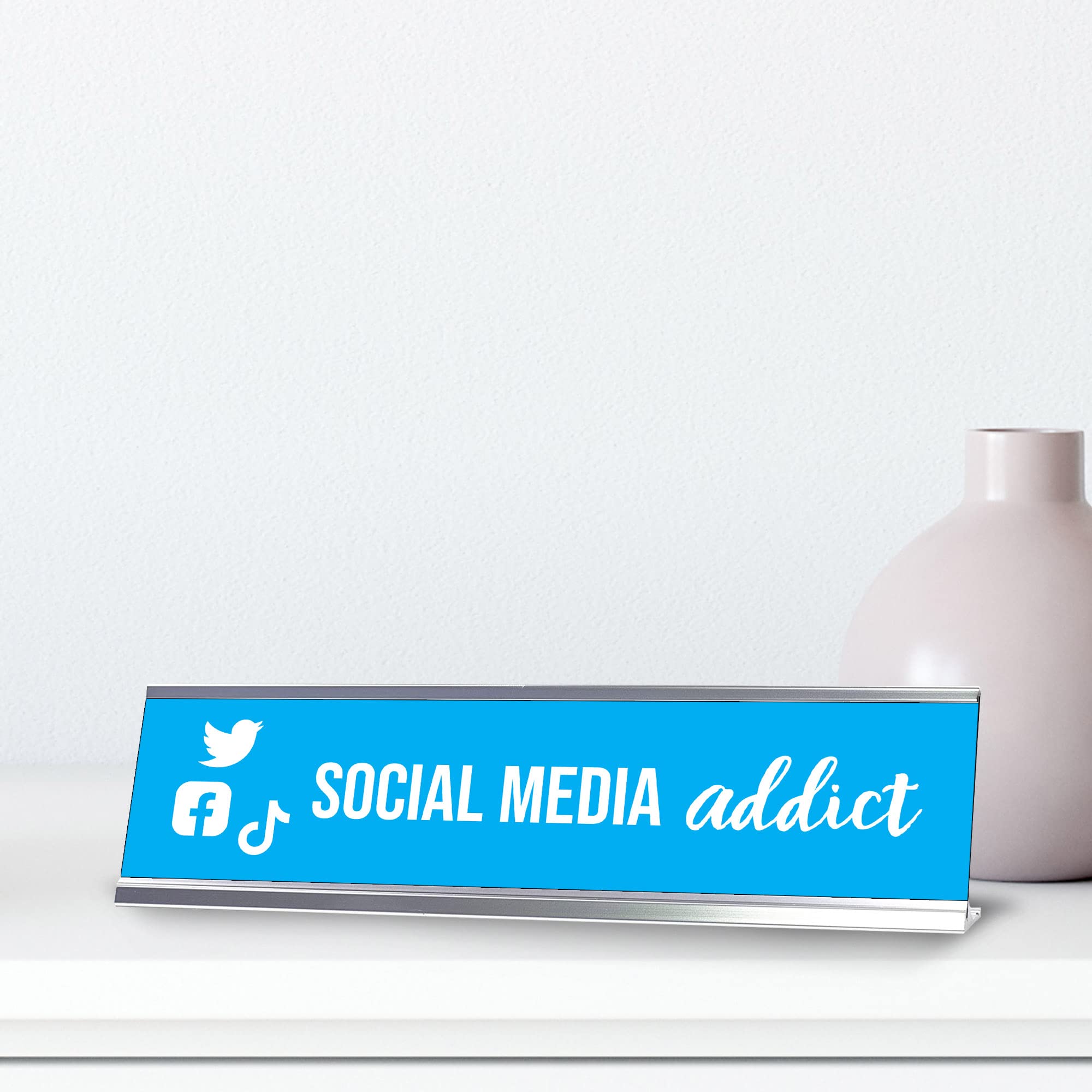 Light Blue Silver Frame Social Media Addict Desk Sign (2x8”) - Perfect for Office Decor, Workstation Motivation & Social Media Manager Gifts