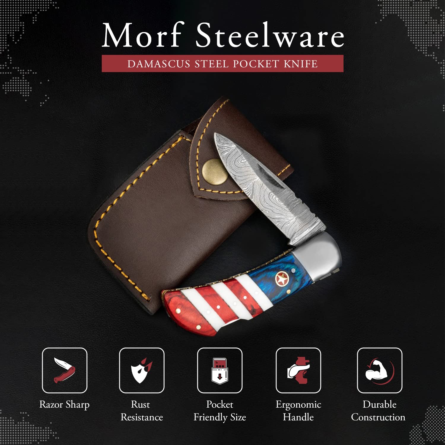 Premium Handmade Damascus Steel American Flag Pocket Knife - USA Patriotic Folding Knife with Sheath (7.25 Inch) - Perfect for Camping, Hunting, Survival & Outdoor Adventures