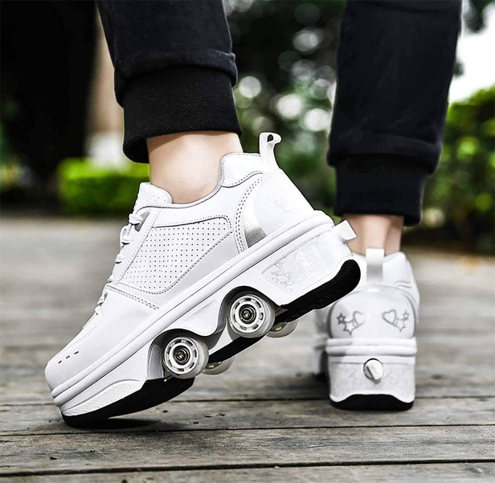 Double Deform Wheel Automatic Walking & Skating Shoes for Men, Women & Kids - 2-in-1 Removable Pulley Roller Shoes for Indoor/Outdoor Sports, Commuting & Fun Activities