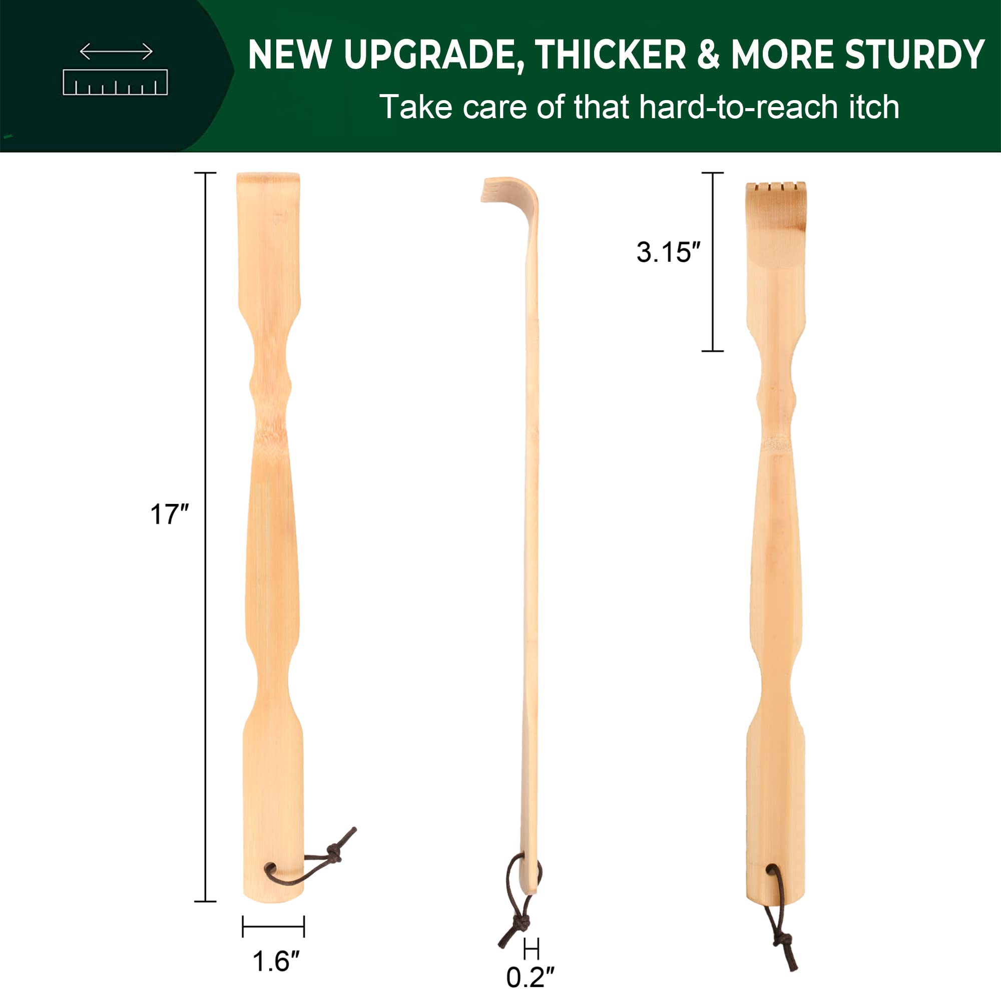 Renook 4-Pack Wooden Bamboo Back Scratcher - 17 Inch Long Handle Back Scratchers for Adults, Men & Women - Natural Wooden Back Itching Relief Tool - Perfect for Home, Office & Travel Use