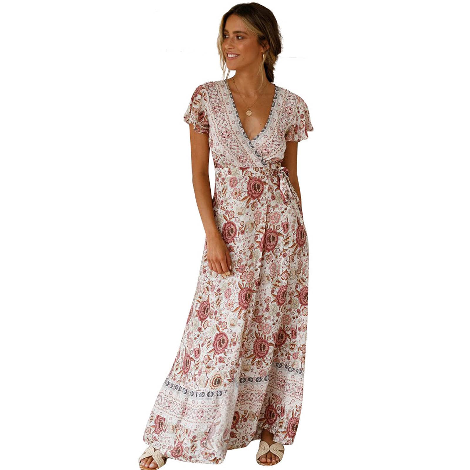 **Women's Floral Boho Spaghetti Strap Long Dress - Sexy Backless Summer Maxi Dress for Beach, Vacation & Boho Fashion**