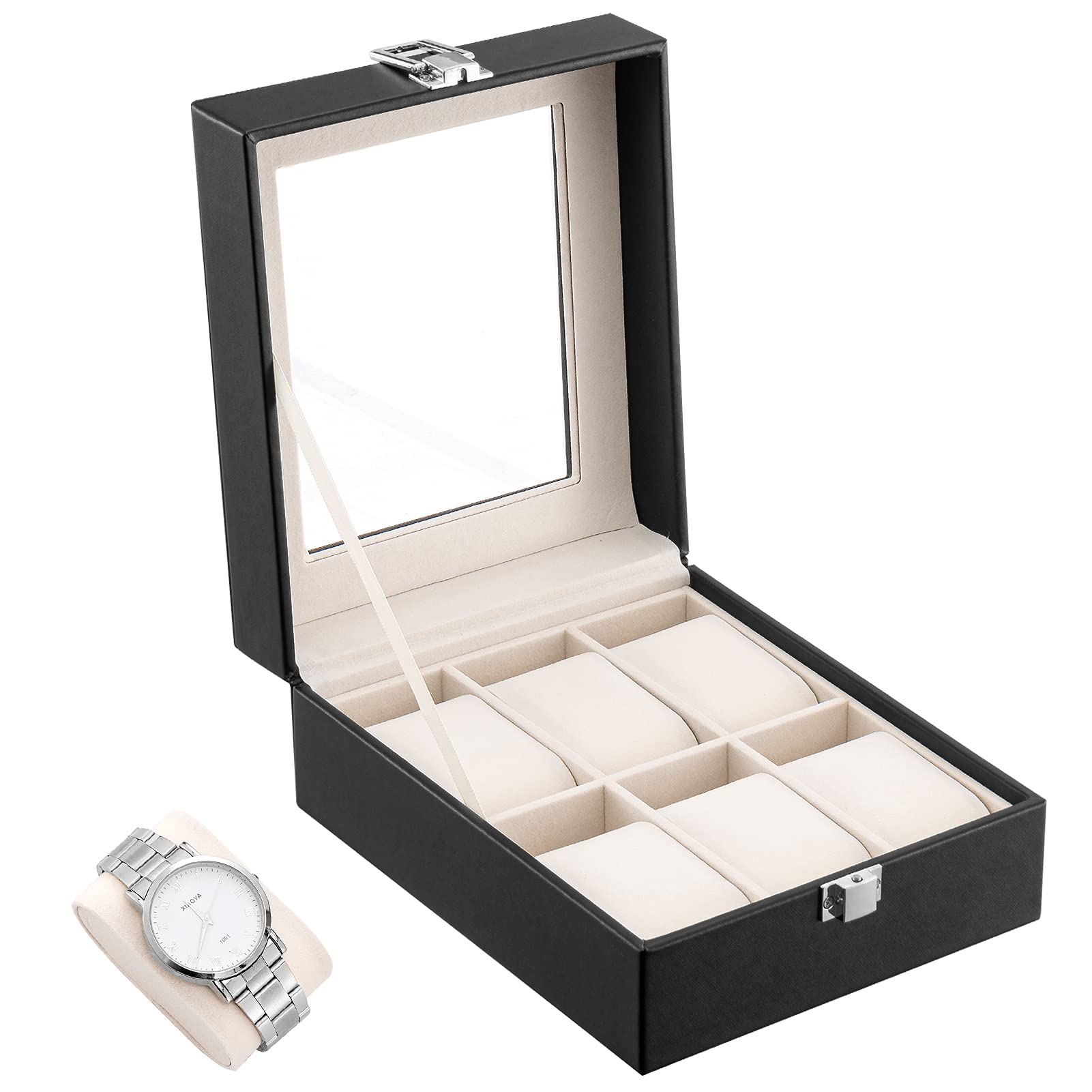 Oyydecor 6-Slot PU Leather Watch Box with Wooden Storage Organizer - Display & Protect Men's & Women's Watches - Perfect Gift for Business & Home (Beige) - Ideal for Watch Collectors & Jewelry Organization