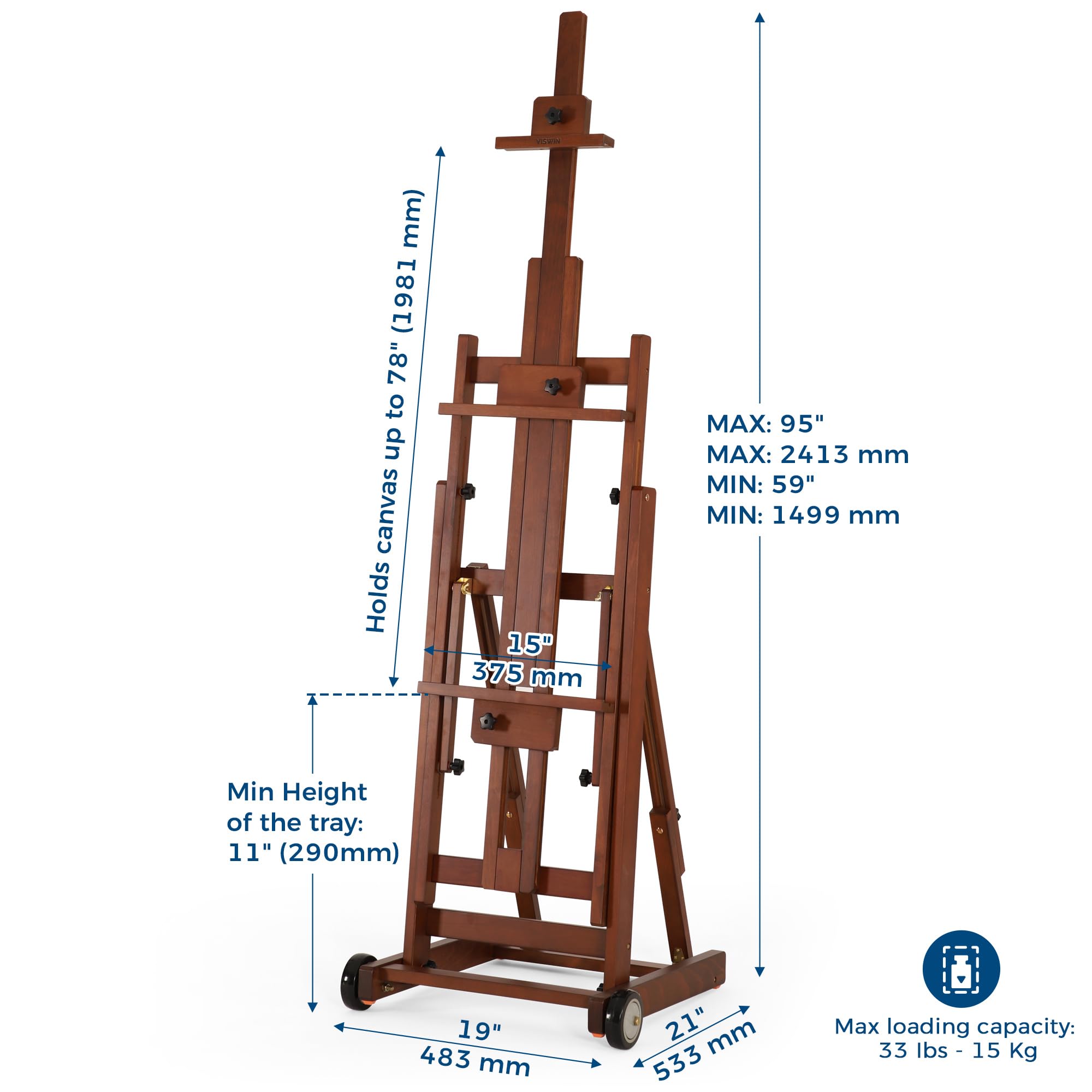 VISWIN Adjustable H-Frame Easel for Artists - Collapsible Beech Wood Painting Easel Stand Holds 1-2 Canvases up to 78