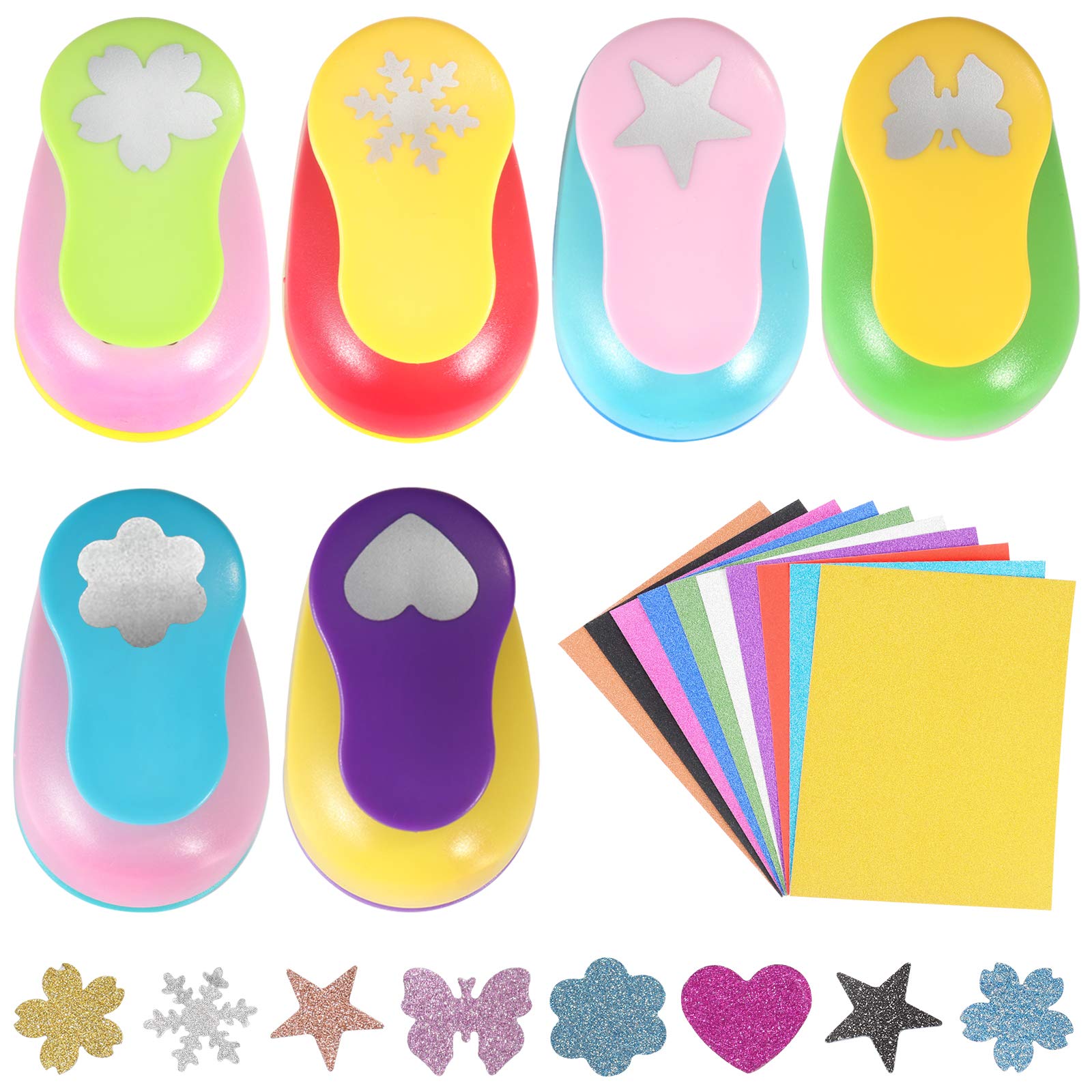 6-Piece Colorful Craft Hole Punch Set with 10 Glitter Cardstock Papers - Decorative Scrapbooking Paper Puncher Kit - Office Supplies for DIY Cards, Invitations, Journals & Scrapbooking Projects (6 Different Shapes)