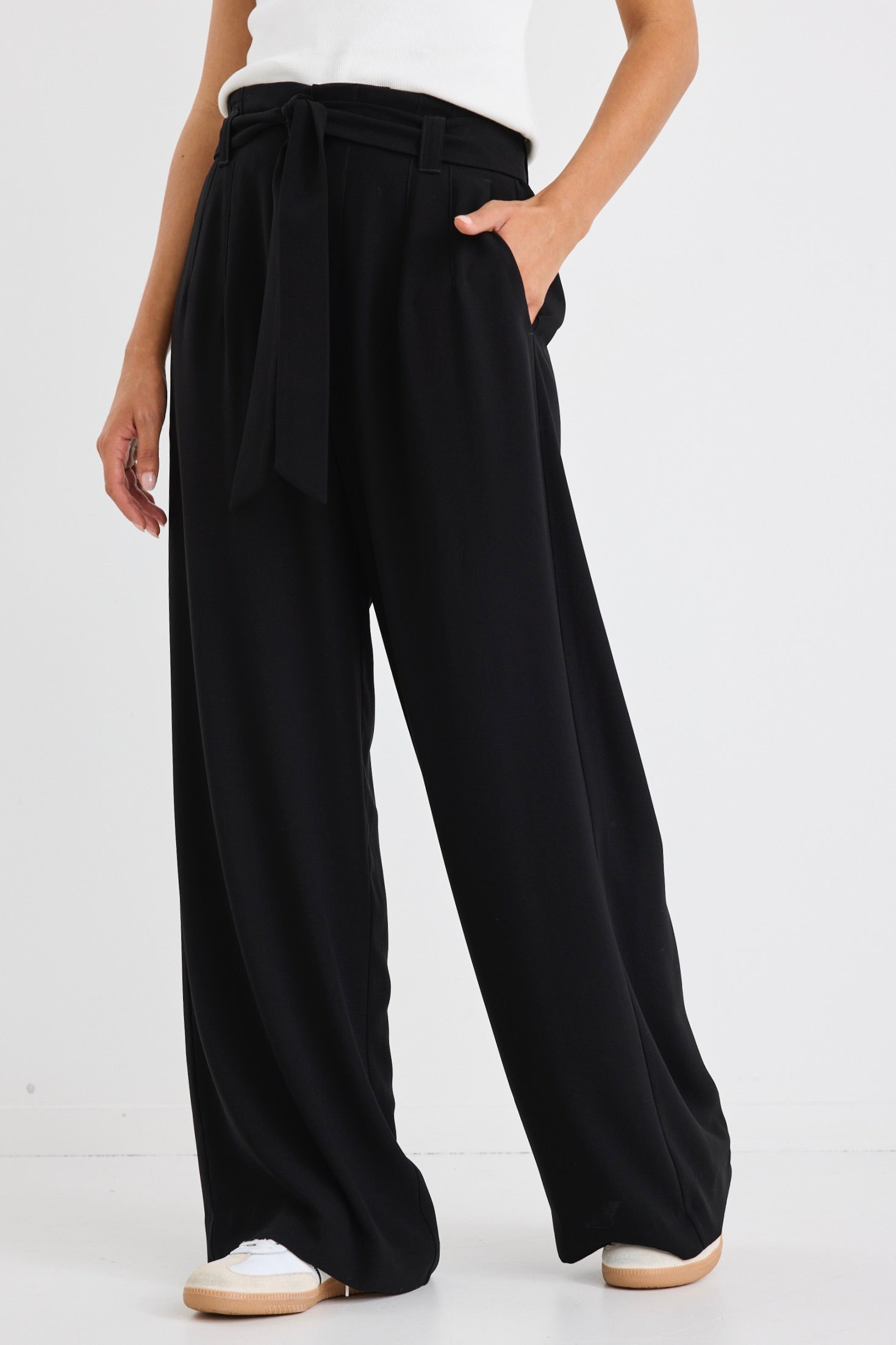Sydney Black Crepe Wide Leg Tie Belt Pants for Women - Elegant High Waisted Palazzo Trousers for Office, Party & Special Occasions