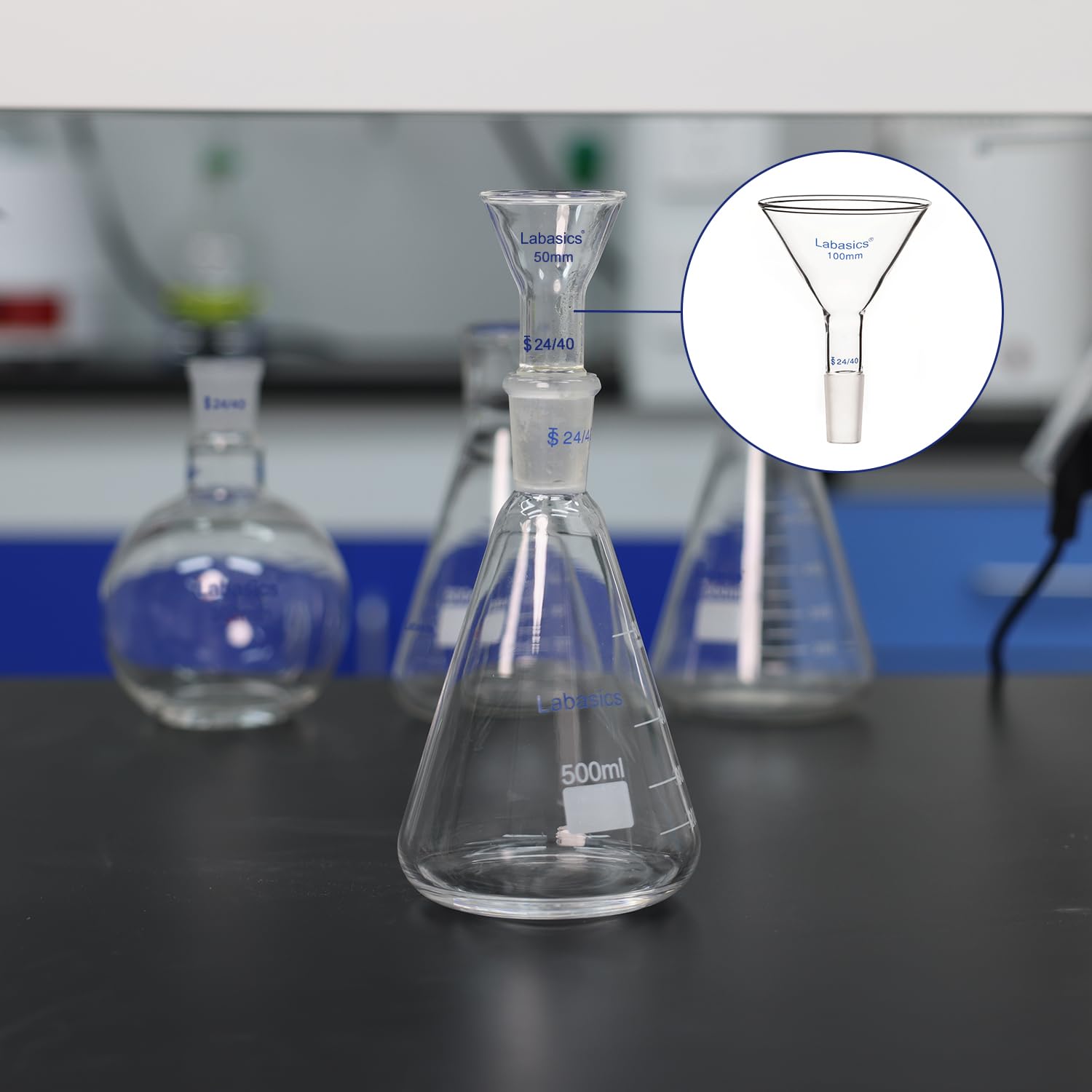 Labasics Short Stem Glass Powder Funnel - 100mm Top Diameter with 24/40 Inner Joint - Premium Filter Funnel for Chemistry Labs & Essential Oil Distilling