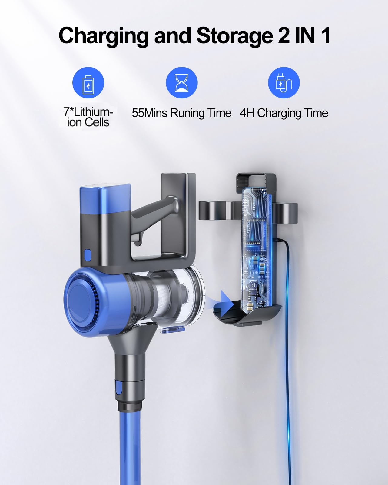 Powerful 38KPa Cordless Stick Vacuum Cleaner with Brushless Motor & Charging Dock - 450W Strong Suction for Pet Hair, Carpets & Hard Floors - Auto Suction Adjustment - Blue Home Cleaning Vacuum - Perfect for Quick Cleanups & Deep Cleaning Sessions