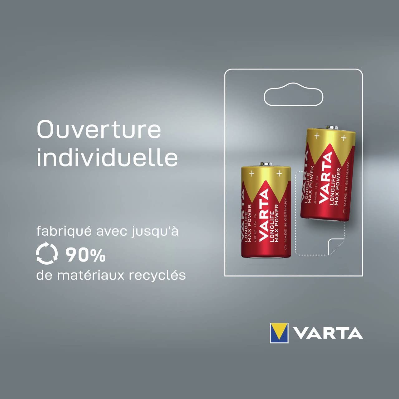 VARTA Longlife Max Power C LR14 Alkaline Batteries (2-Pack) - High-Performance German-Made Batteries for Toys, Flashlights, Clocks & Everyday Electronics - Lasting Power for Home & Office Use