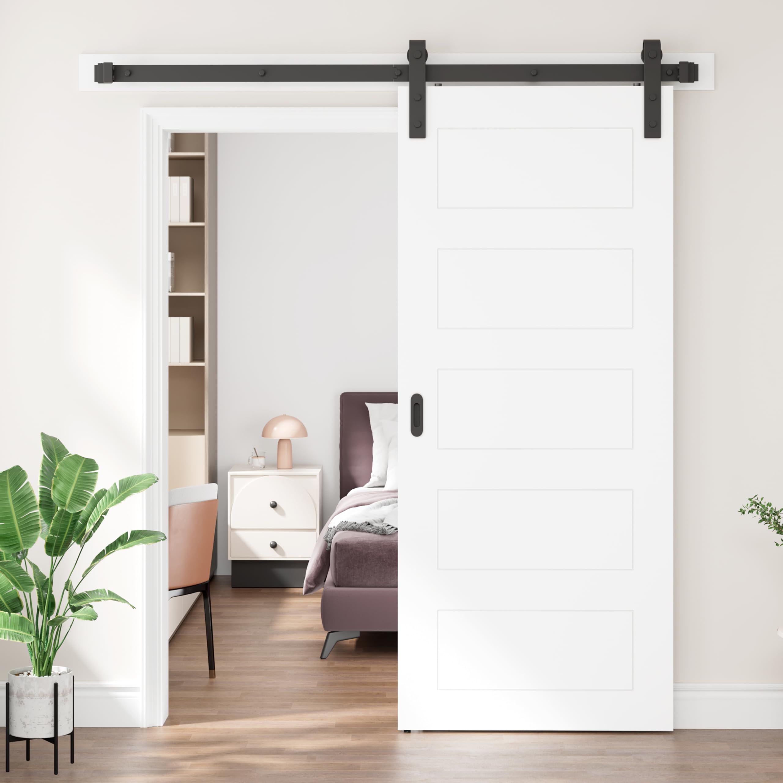 DELAVIN 30 x 84 Inch White Sliding Barn Door Kit with 5-Panel Design - Waterproof & Scratch-Resistant PVC Surface - Includes 5 FT Hardware & Handles - Easy Assembly for Interior Doors - Perfect for Bedrooms, Closets, and Farmhouse Style Homes