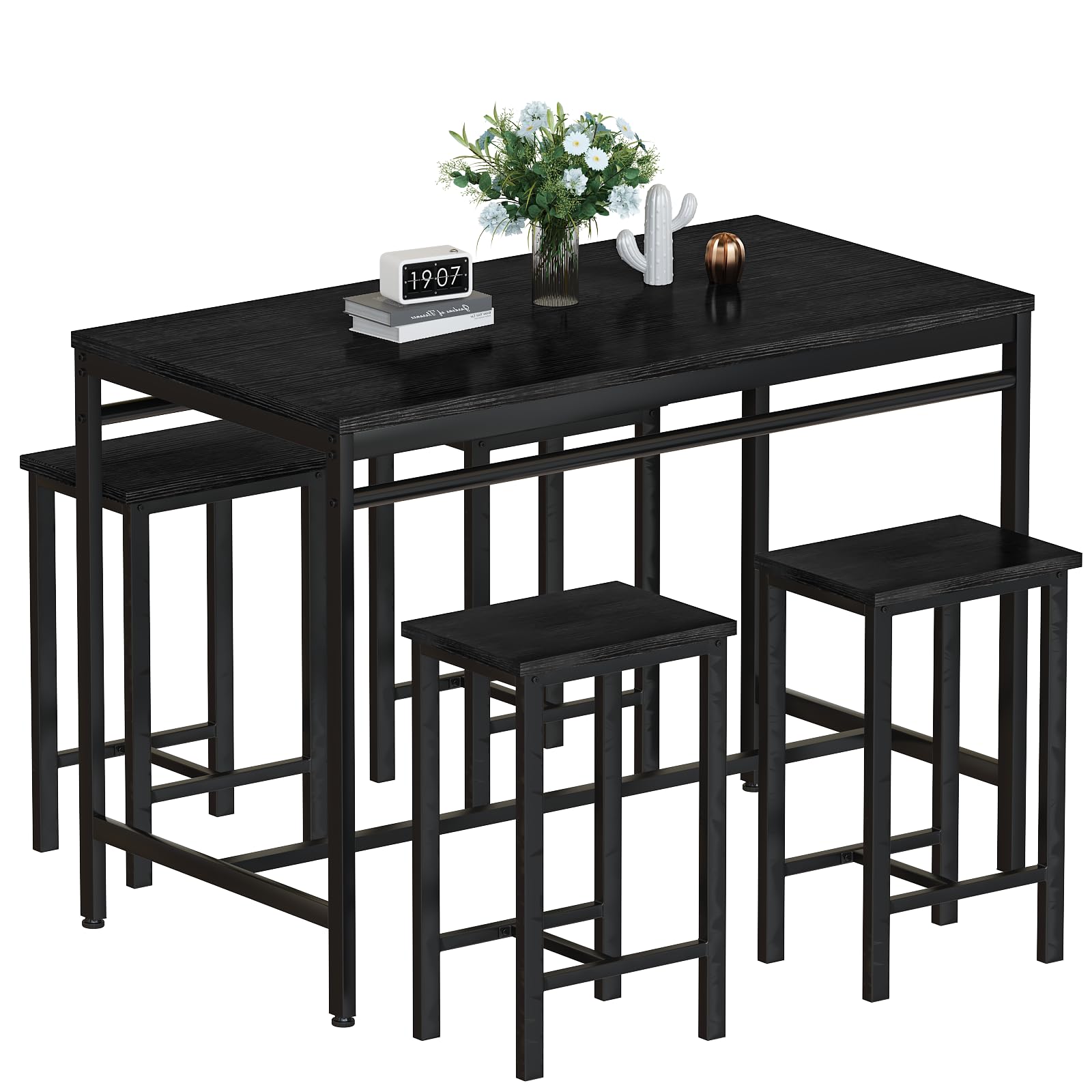 Modern 5-Piece Counter Height Dining Bar Table Set for 4 - Black Bar Table & 4 Stools for Small Spaces, Apartments, Pubs, Kitchen & Dining Room - Perfect for Entertaining, Breakfast Nooks & Compact Living Areas