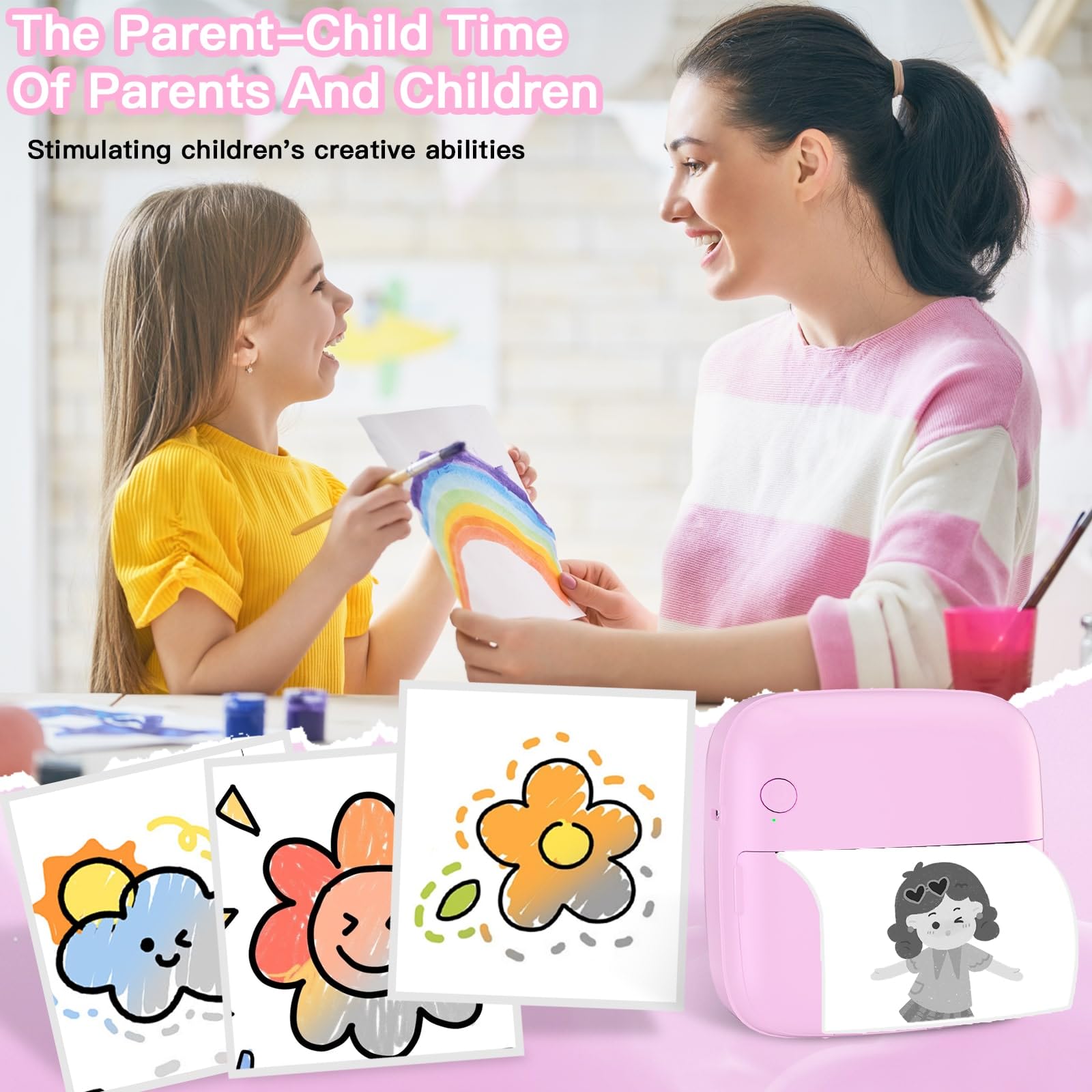 Mini Sticker Printer with 6 Rolls Paper - Portable Thermal Label Maker for DIY Scrapbooking, Travel Journaling, Note Taking & Memos - 7 Color LED Light Modes - Wireless Bluetooth Compatible with iPhone & Android Phones - Perfect for Home Office, School Projects & Gift Wrapping