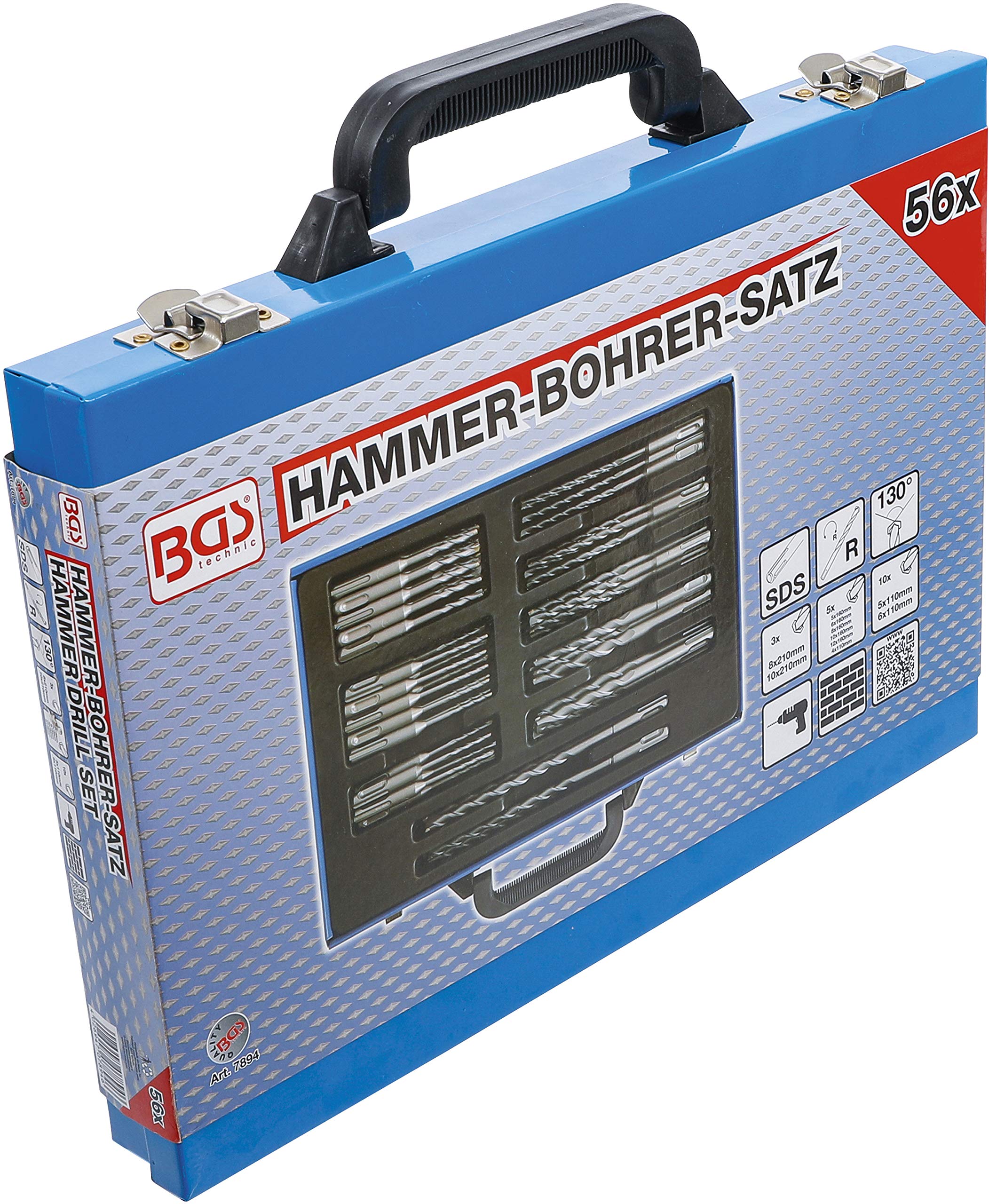 BGS 7894 Professional Hammer Drill Bit Set with SDS Shank, 56-Piece Carbide Tipped Masonry Drill Bits (4-12mm) for Concrete, Brick, and Stone - Perfect for Construction, Renovation, and DIY Projects