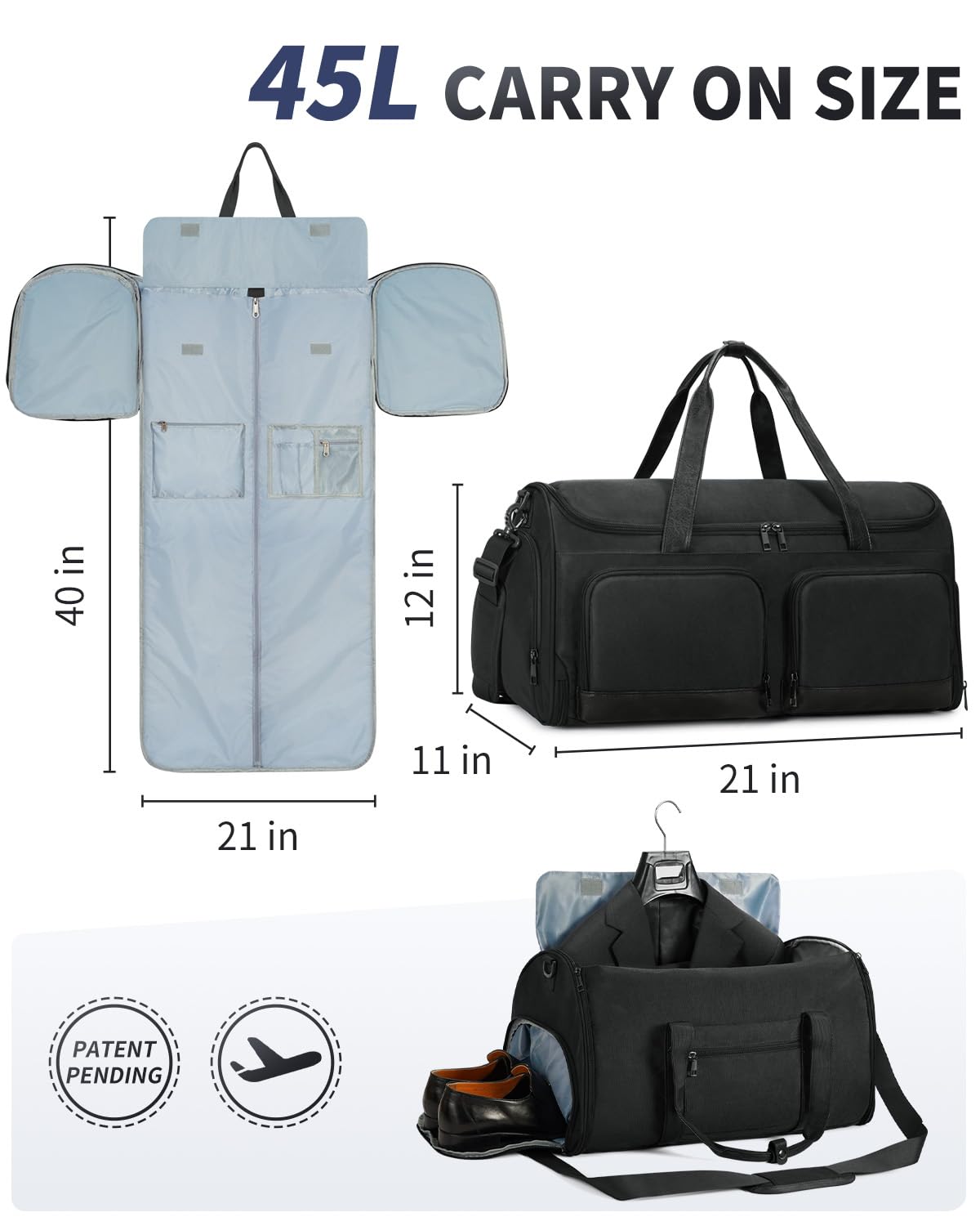 Premium Convertible Garment Bag for Travel - 2-in-1 Hanging Suitcase & Duffle with Wet Pocket & Toiletry Bag | Carry-On Luggage for Business Trips, Weddings & Weekend Getaways (Black) - Perfect for Men & Women