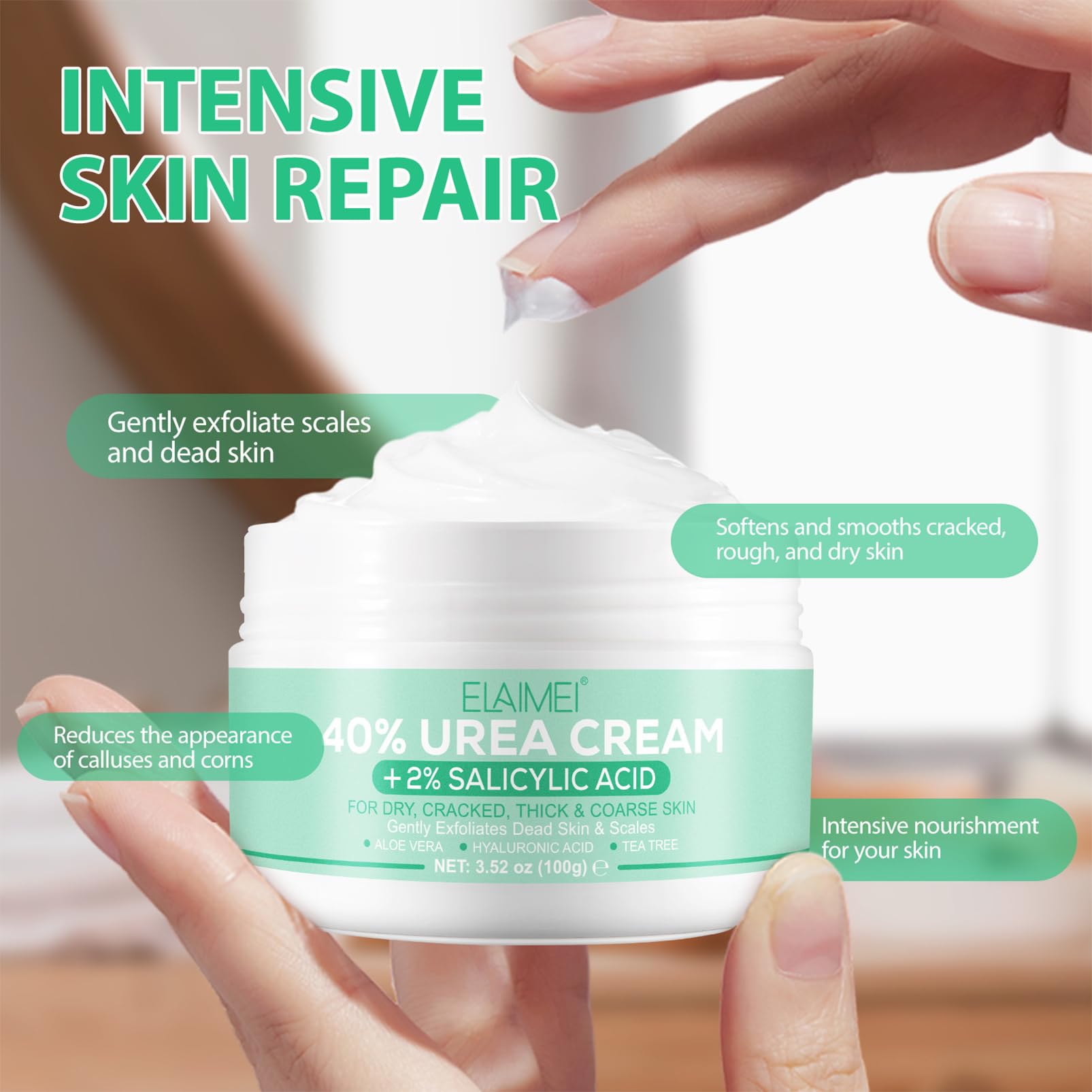 40% Urea Cream with 2% Salicylic Acid - Intensive Cracked Heel Repair & Moisturizing Foot Cream - Callus Remover for Dry Cracked Feet, Rough Heels, Knees & Elbows - Deep Hydration for Soft Smooth Skin - Perfect for Pedicures & Winter Foot Care