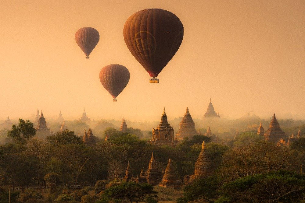 Bagan Myanmar Hot Air Balloons 85073 - 24x36 Signed Art Print, Wall Decor Poster for Living Room, Bedroom & Office