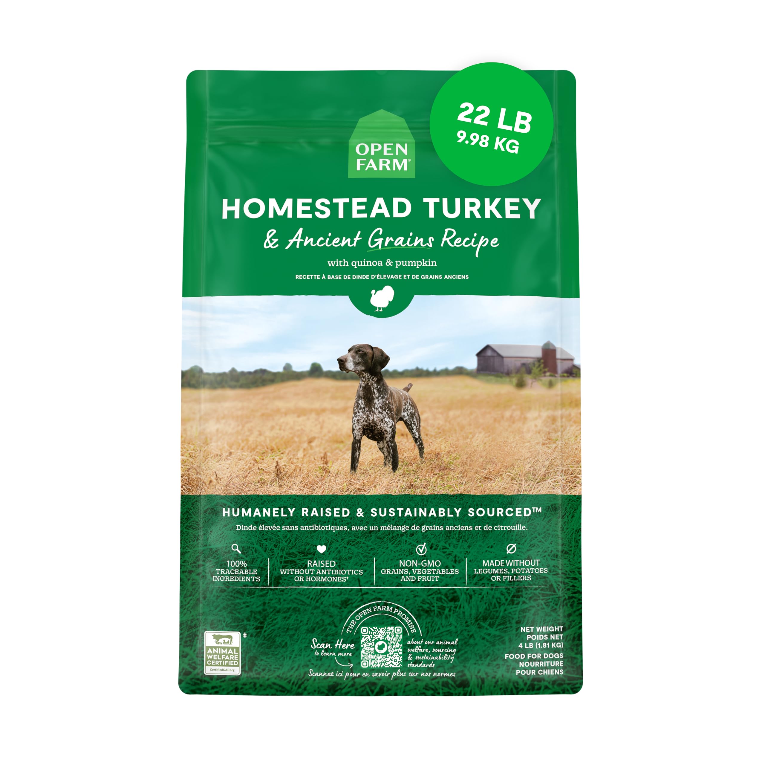 Open Farm Ancient Grains Dry Dog Food - High Protein & Nutrient Dense with 90% Animal Protein, Non-GMO Fruits, Vegetables & Superfoods | Homestead Turkey Recipe | 22lb Bag for Large & Medium Dogs | Perfect for Active Pets & Daily Nutrition