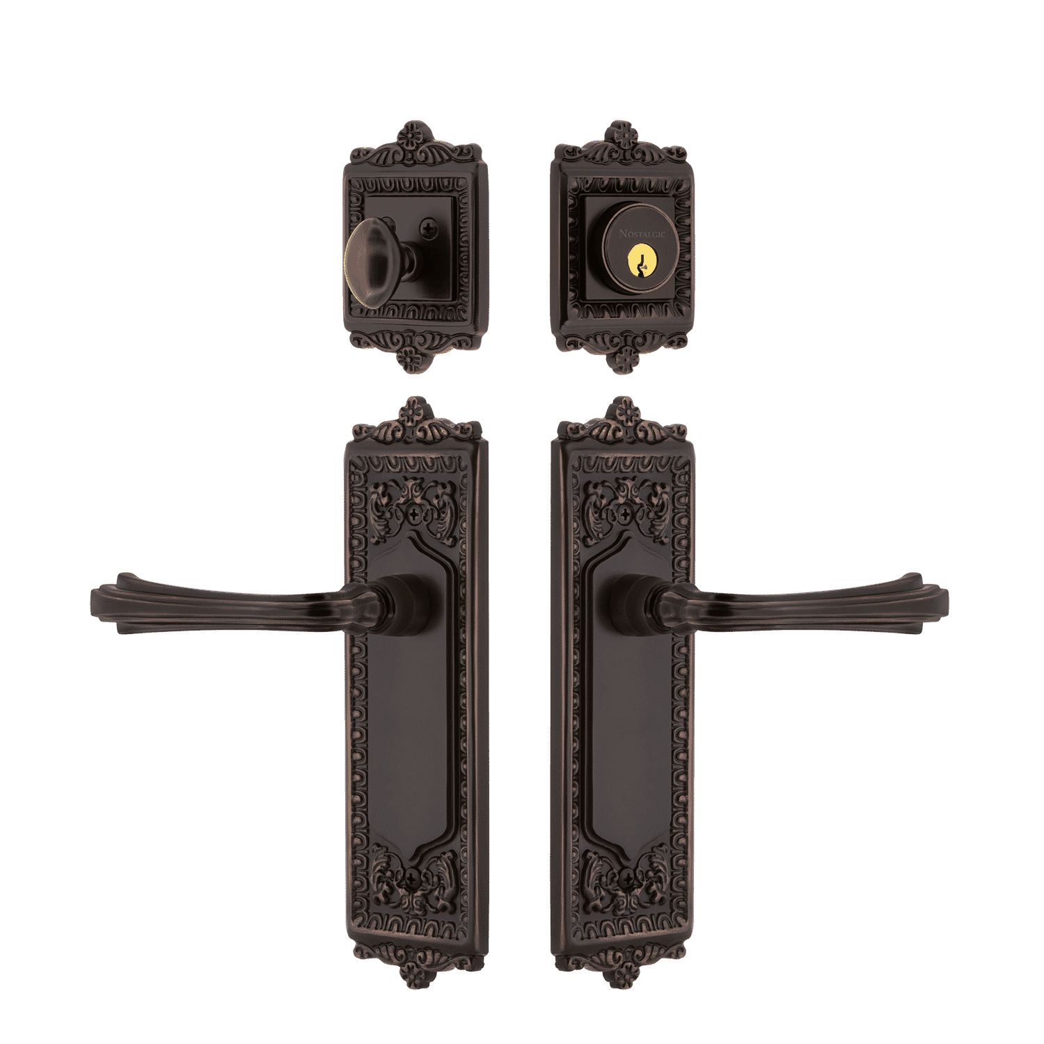 Vintage Egg & Dart Entry Door Set with Fleur-de-Lis Lever in Timeless Bronze - Perfect for Classic & Traditional Home Exteriors