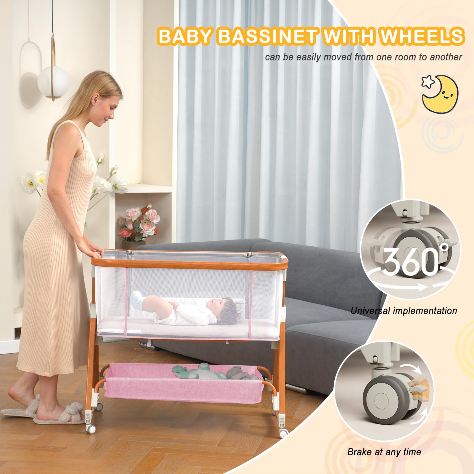 3-in-1 Adjustable Baby Bassinet Bedside Sleeper with Musical Toy & Storage Basket - Portable Crib with 4-Sided Mesh & Wheels for Newborns 0-6 Months (Pink) - Perfect for Nursery, Bedroom & Travel Use