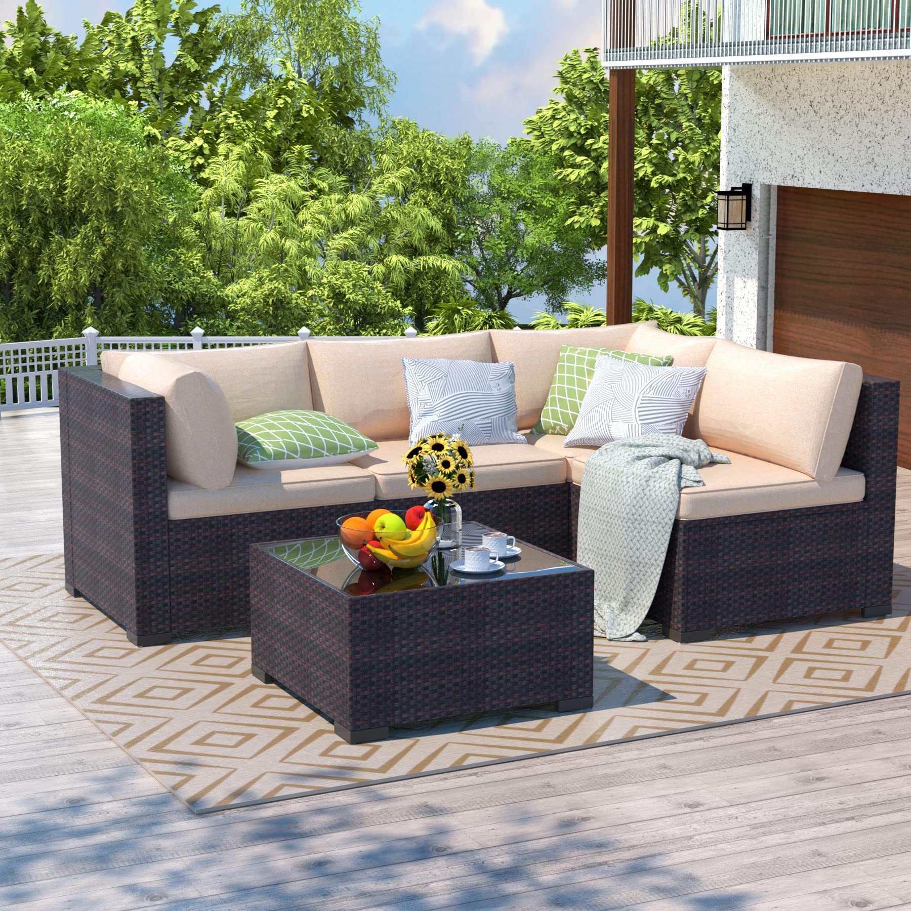 5-Piece All-Weather Outdoor Patio Furniture Set with Wicker Sectional Sofa, Tempered Glass Table & Washable Cushions - Perfect for Backyard, Porch, Deck, Balcony & Poolside Relaxation
