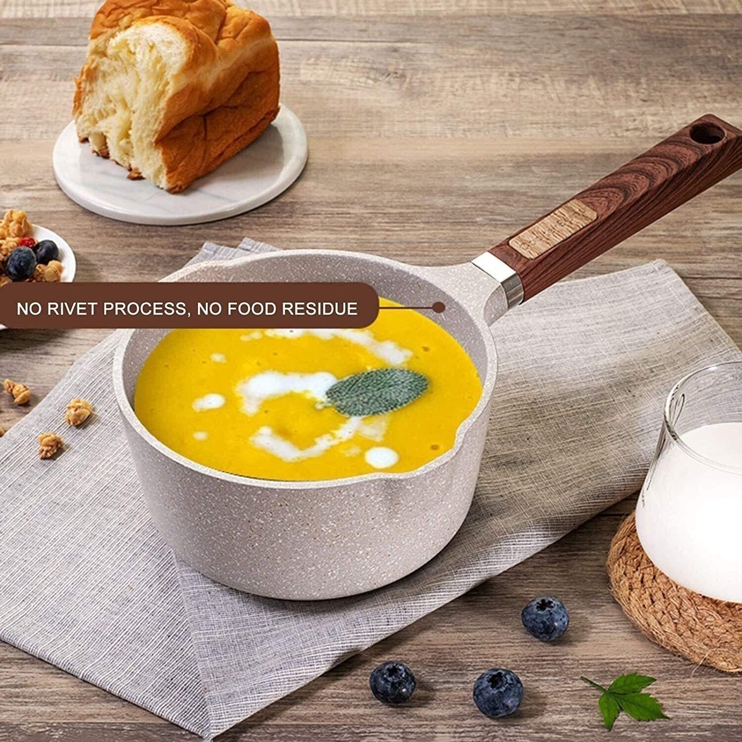 Non-Stick Wok Maifan Stone Pot with Wooden Handle - 18cm Multi-Functional Cooking Pot for Soup, Milk, Boiling & Stir-Frying - Perfect for Home Kitchen & Asian Cuisine