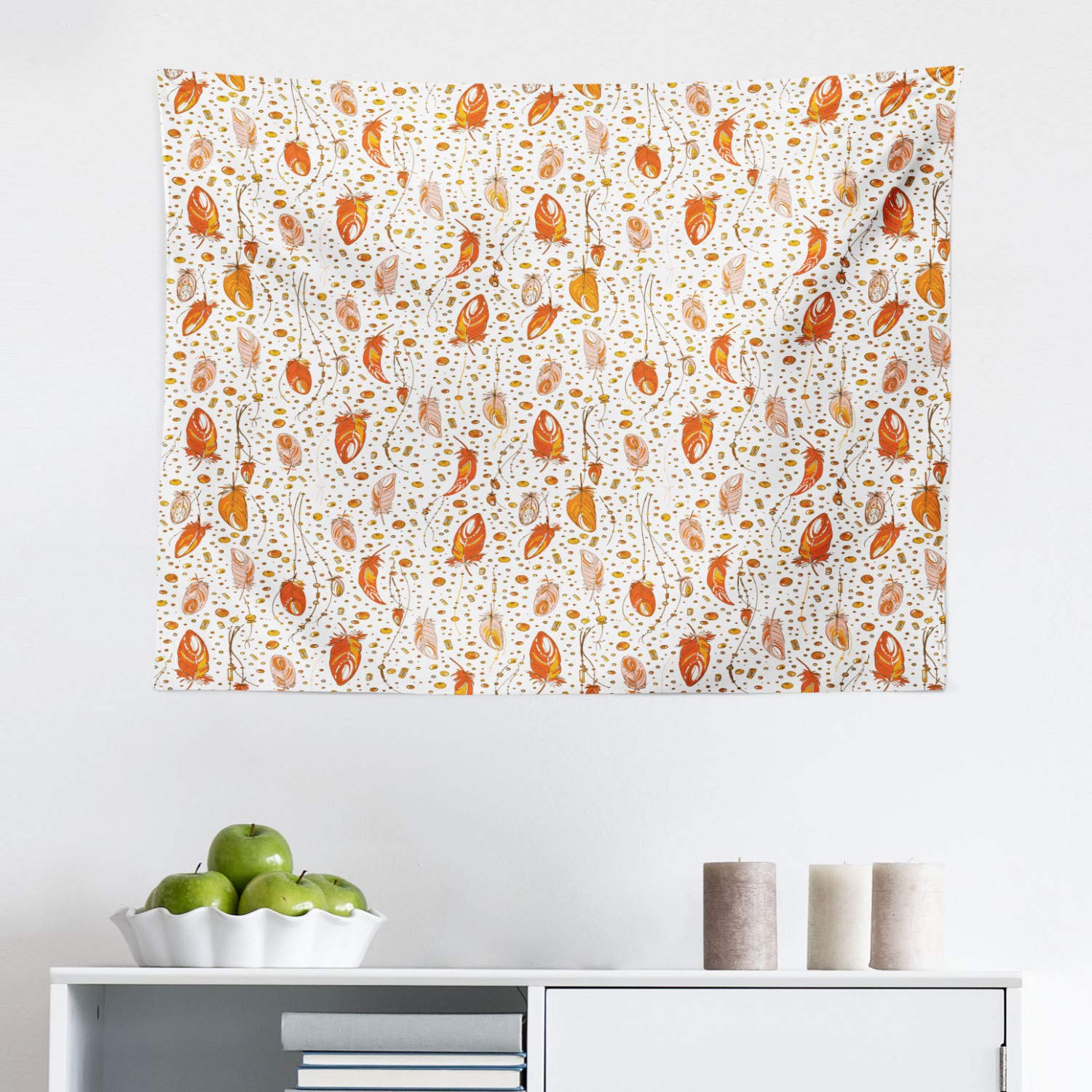 Ambesonne Aztec Tapestry Wall Hanging - Traditional Feather Motif Decor in Pale Pink & Orange (28x23 inches) - Perfect for Bedroom, Living Room, Dorm & Bohemian Home Decor