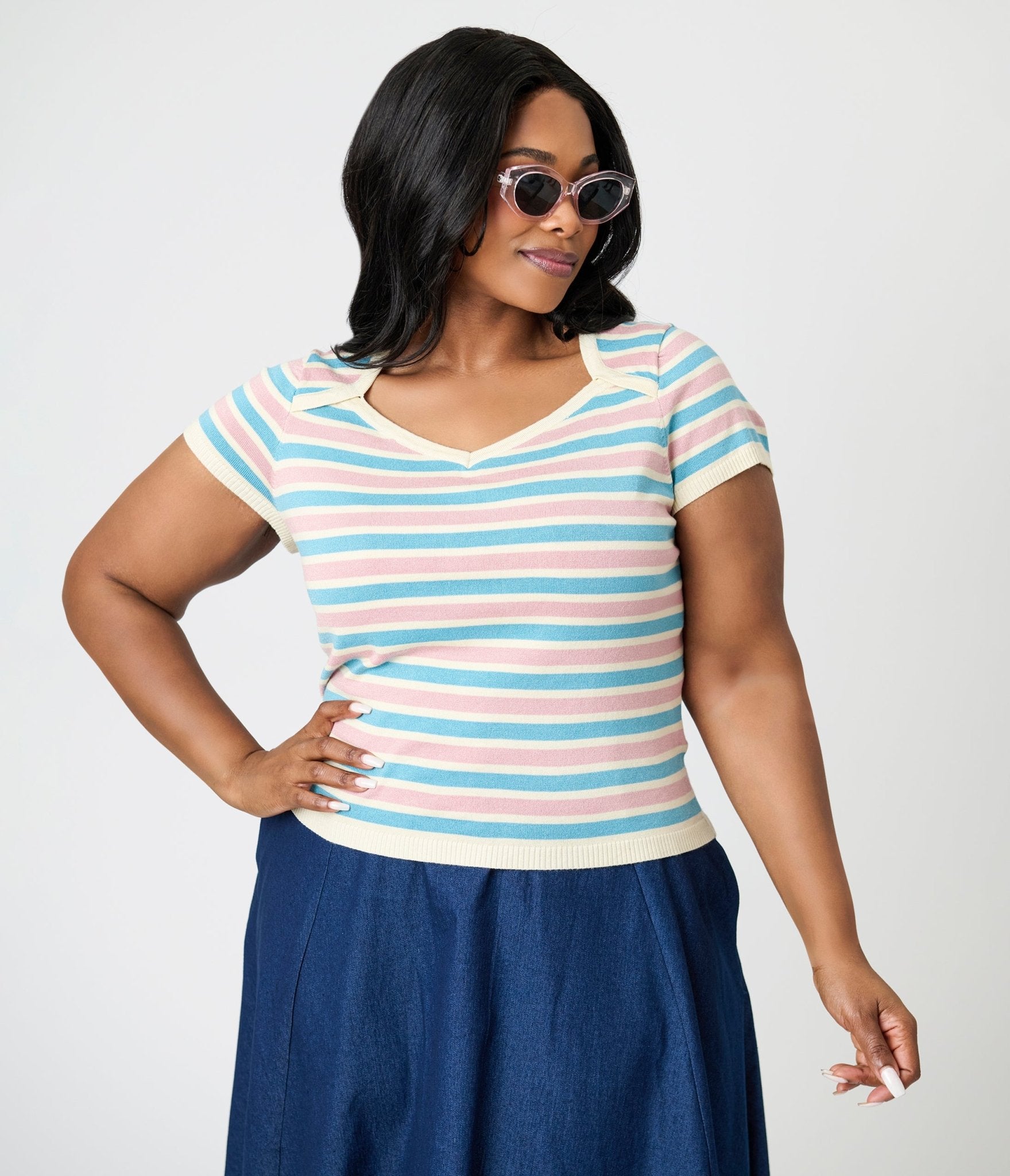 Royal Monk Plus Size Blue & Pink Striped Vivian Knit Top for Women - Comfortable Casual Long Sleeve Shirt for Work, Dating & Everyday Wear