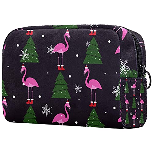 Portable Travel Makeup Train Case - Cosmetic Organizer Storage Bag with Christmas Pink Flamingo & XMAS Tree Snowflake Design - Perfect for Makeup Artists, Travelers & Holiday Gifts