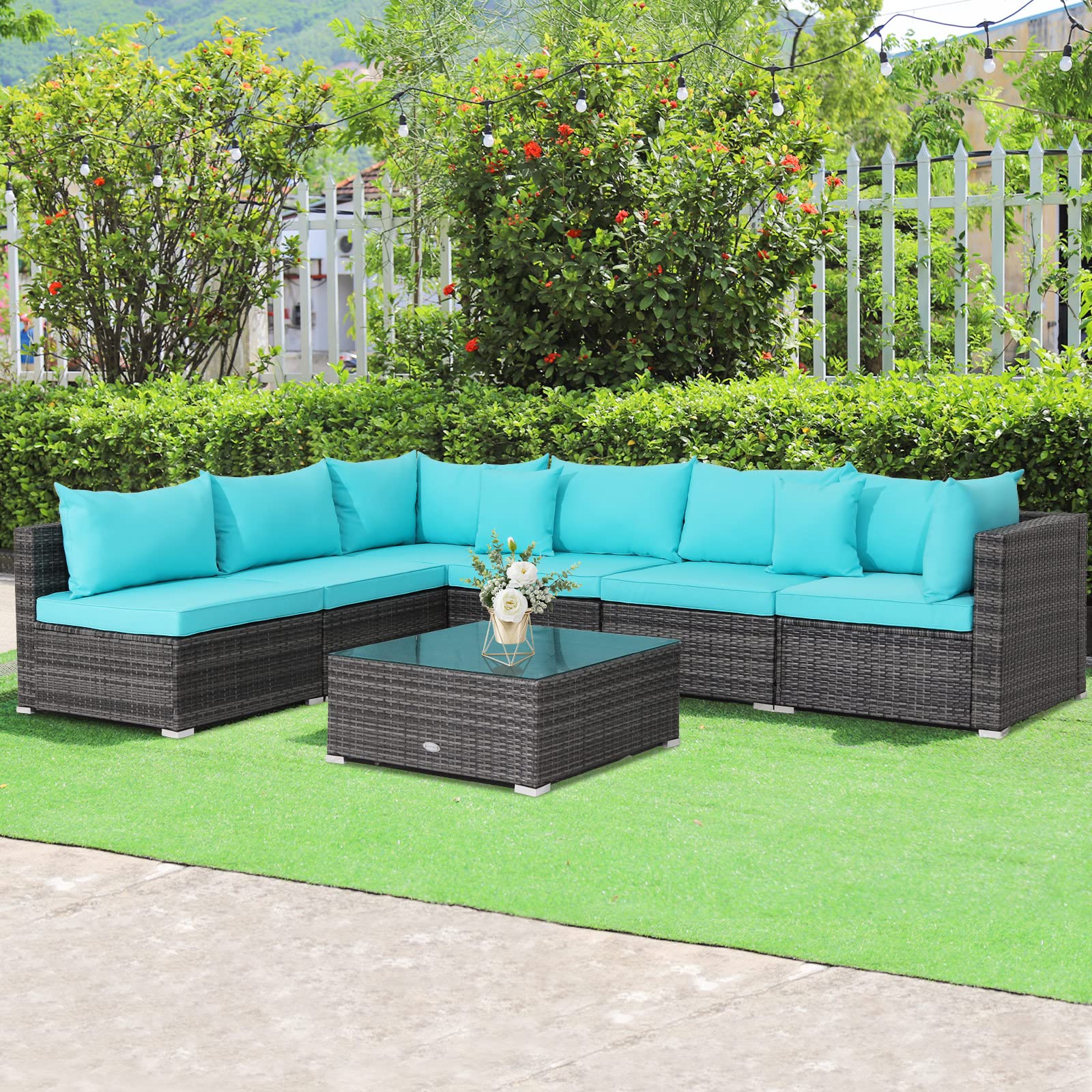 **Tangkula 7-Piece All-Weather Outdoor Patio Furniture Set - Rattan Sectional Sofa with Cushions & Tempered Glass Coffee Table - Perfect for Garden, Lawn, Backyard, Poolside (Turquoise Blue)**