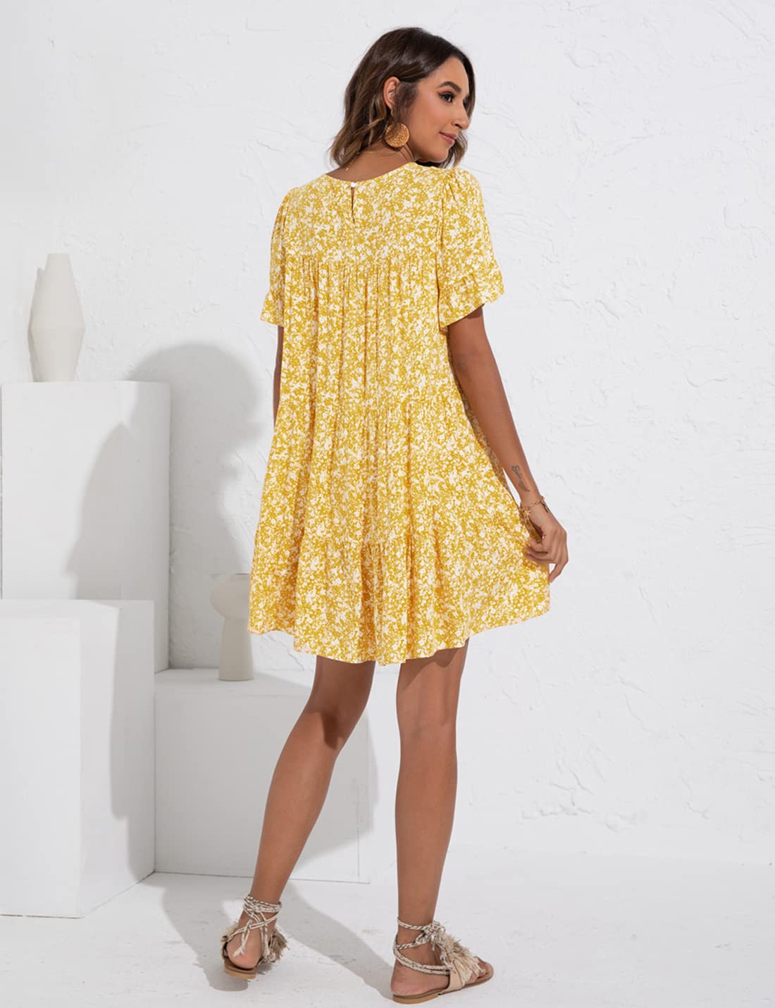 Locachy Women's Floral Printed Pleated Mini Dress with Ruffle Sleeves - Summer Round Neck Casual Dress for Beach, Party & Date Night