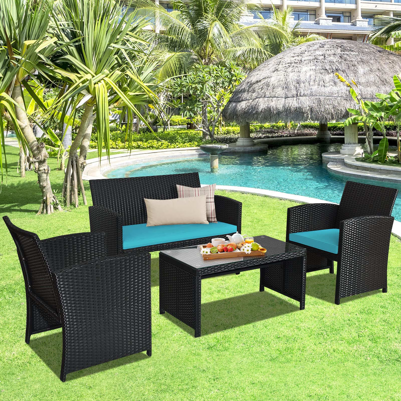 Goplus 4-Piece Rattan Patio Furniture Set - Outdoor Wicker Sofa & Coffee Table with Soft Cushions & Tempered Glass - Turquoise Conversation Set for Balcony, Garden, Backyard, Poolside & Outdoor Entertaining
