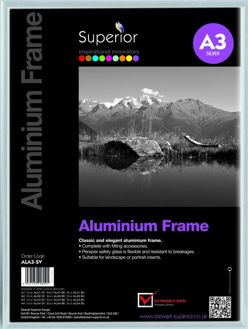 Stewart Superior A3 Brushed Aluminum Picture Frame with Shatterproof Perspex Safety Glass - Silver - Perfect for Home Decor, Office Display & Art Gallery Exhibitions