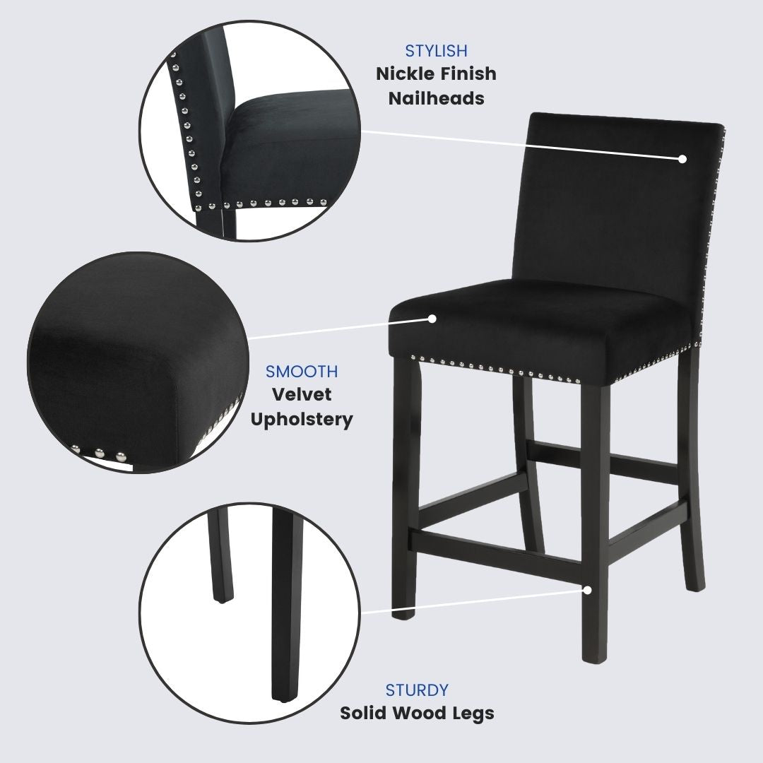 Roundhill Furniture 5-Piece Mella Counter Height Dining Set - Round Faux Marble Table with 4 Black Velvet Parsons Stools - Perfect for Kitchen, Breakfast Nook & Small Space Dining