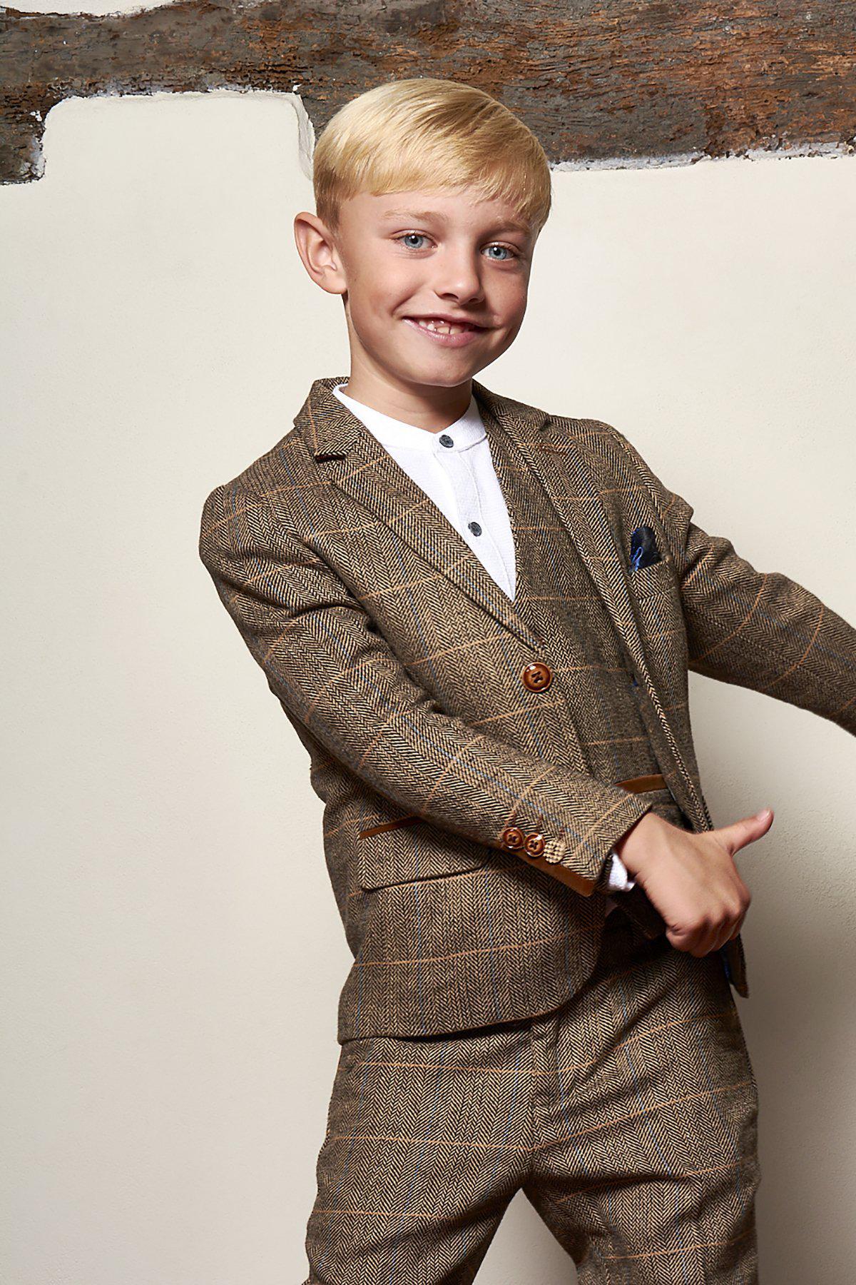 Stylish Men's TED Tan Tweed Check Three-Piece Suit Set - Perfect for Father & Son Matching Outfits, Weddings, and Formal Events