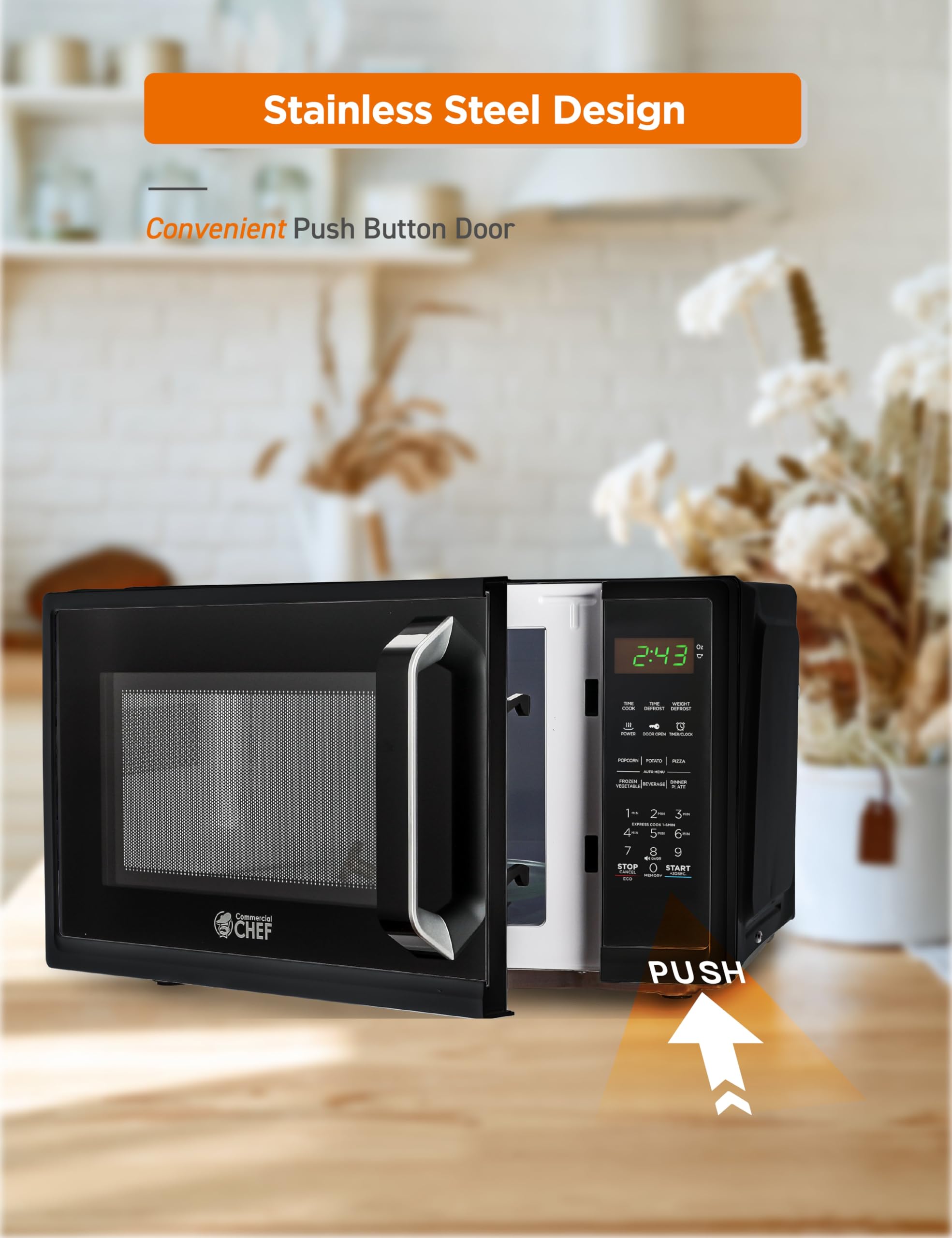 Commercial Chef 0.9 Cu Ft Compact Microwave Oven - 900W Countertop Microwave with 10 Power Levels, Digital Display, Safety Lock & Kitchen Timer - Perfect for Dorms, Offices & Small Kitchens - Black