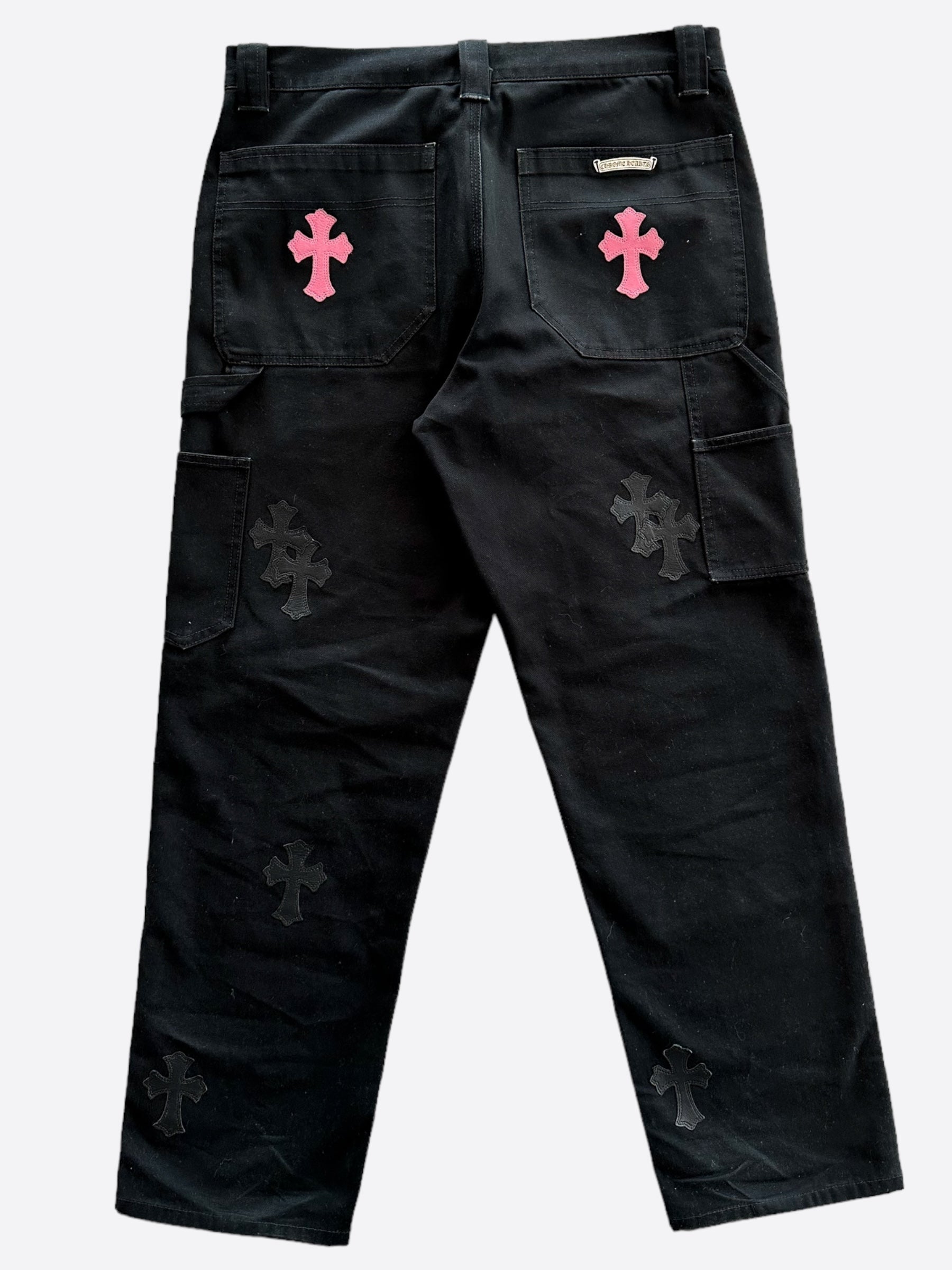 Chrome Hearts Black & Pink Cross Patch 1/1 Carpenter Pants - Vintage Punk Style Denim Pants for Men & Women | Perfect for Streetwear, Gothic Fashion & Concert Outfits
