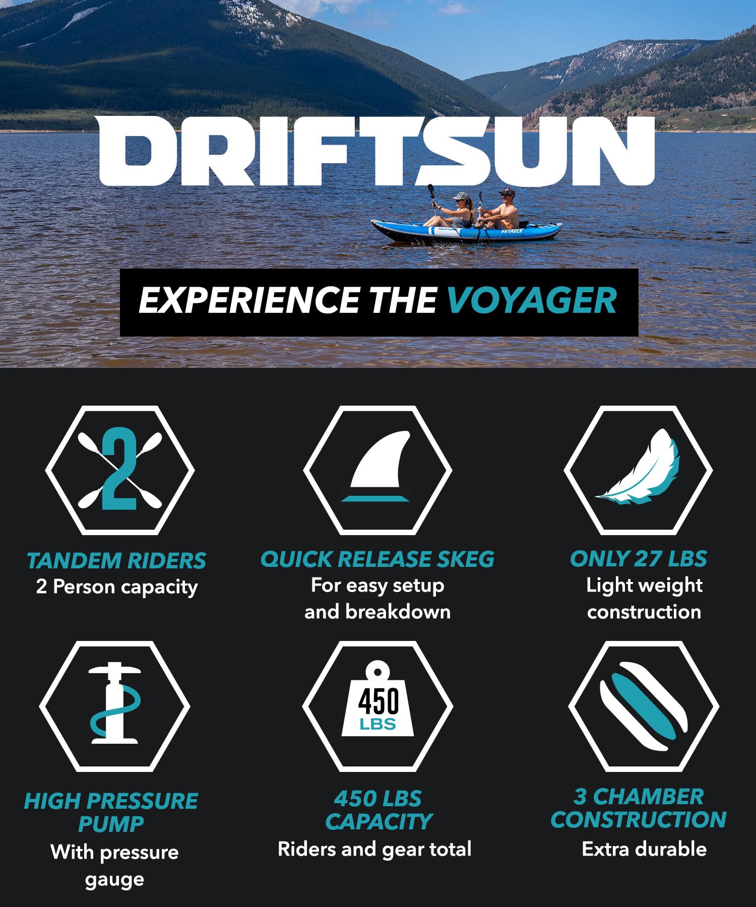 Driftsun Voyager 2-Person Inflatable Tandem Kayak for Adults - Foldable & Portable with 2 Aluminum Paddles, 2 Padded Seats, Double Action Pump & Travel Backpack - Perfect for Lakes, Rivers & Ocean Adventures