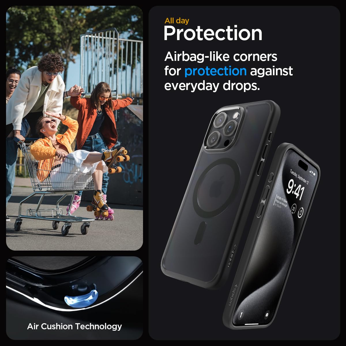 Spigen Ultra Hybrid MagFit Case for iPhone 15 Pro - Anti-Yellowing Frost Black Protective Cover | Perfect for Everyday Use, Wireless Charging & Drop Protection