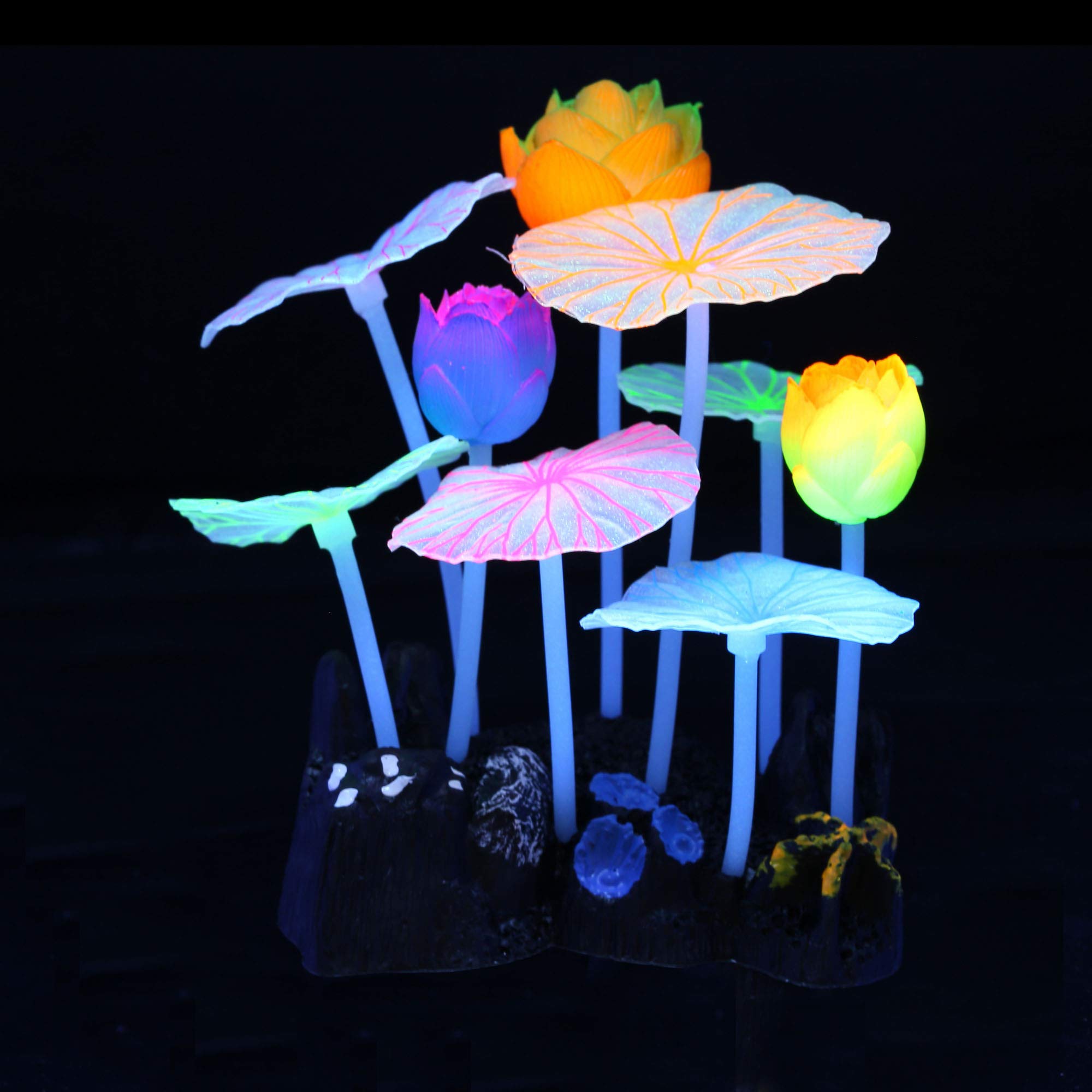 4-Piece Glowing Fish Tank Decor Set - LED Aquarium Plants, Coral, Lotus & Anemone Decorations for Freshwater & Saltwater Tanks | Perfect for Night Viewing, Themed Aquascaping & Enhancing Fish Habitat