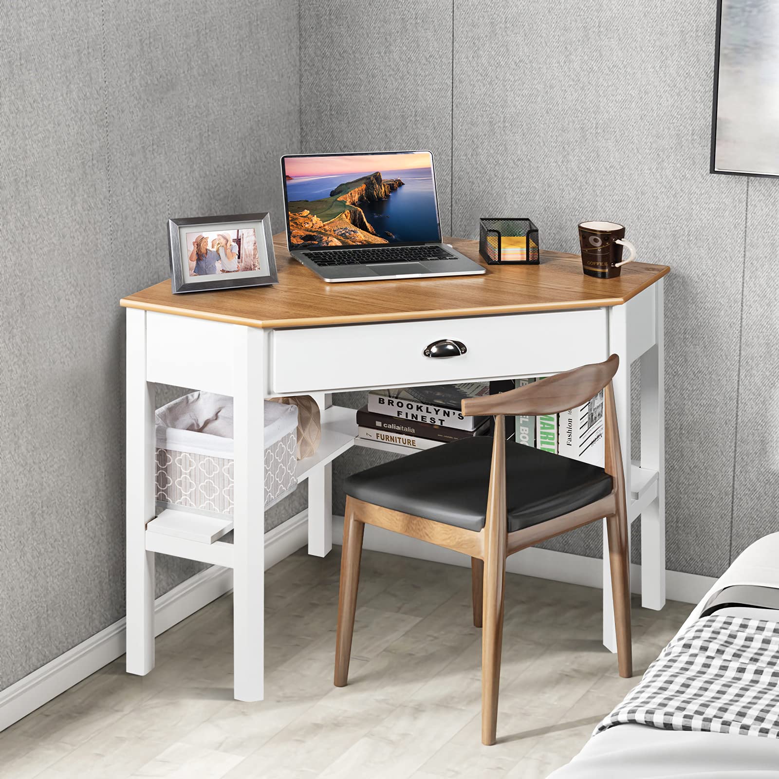 KOTEK Corner Desk with Drawer and Shelves - Wooden Home Office Desk, Triangle Computer Desk for Small Spaces, Writing Study Desk & Workstation, Makeup Vanity Table (Natural & White) - Perfect for Home Office, Gaming Setup, Dorm Room & Bedroom Workspace