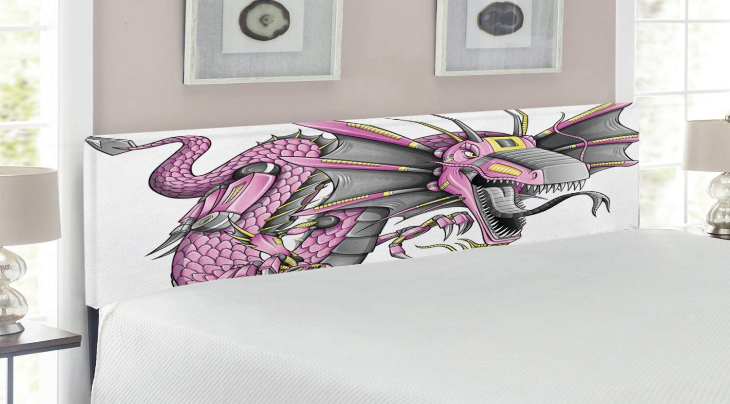 Ambesonne King Size Upholstered Dragon Headboard - Digital Robotic Cyborg Knight Design with Memory Foam | Modern Gothic Bedroom Decor for Gamers & Fantasy Lovers | Yellow, Fuchsia, Grey Color Scheme